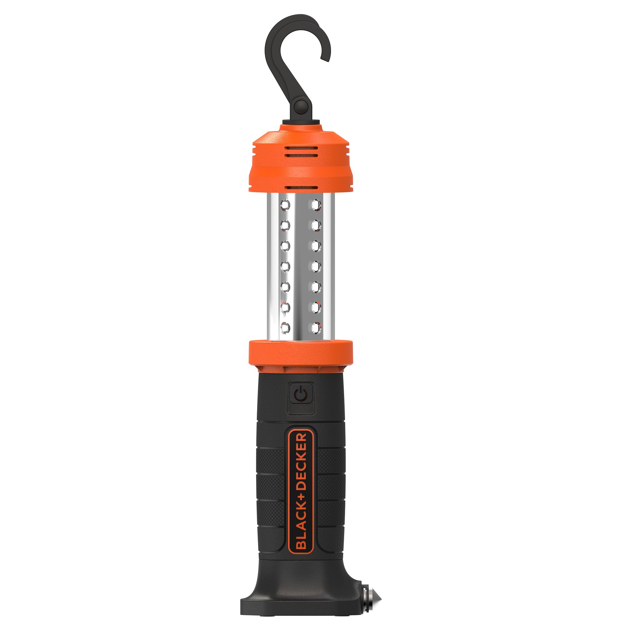BLACK+DECKER BDLCL28 LED work light with hook, black and orange, front angle on white background.