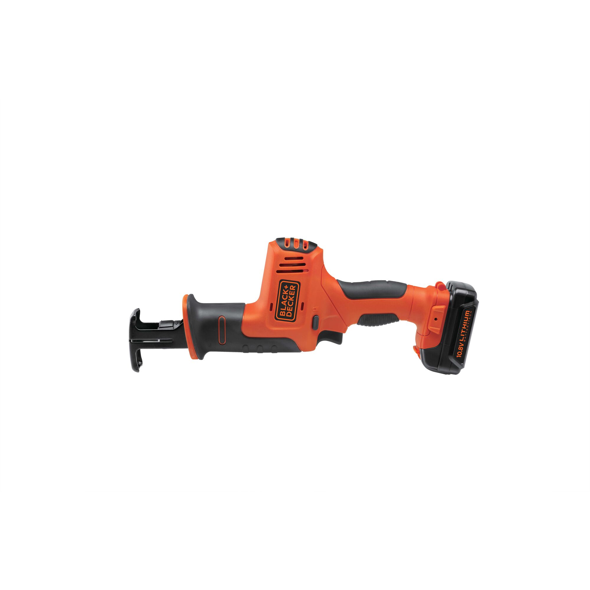 BLACKDECKER BDR12K cordless reciprocating saw, orange and black, side angle, photography product.