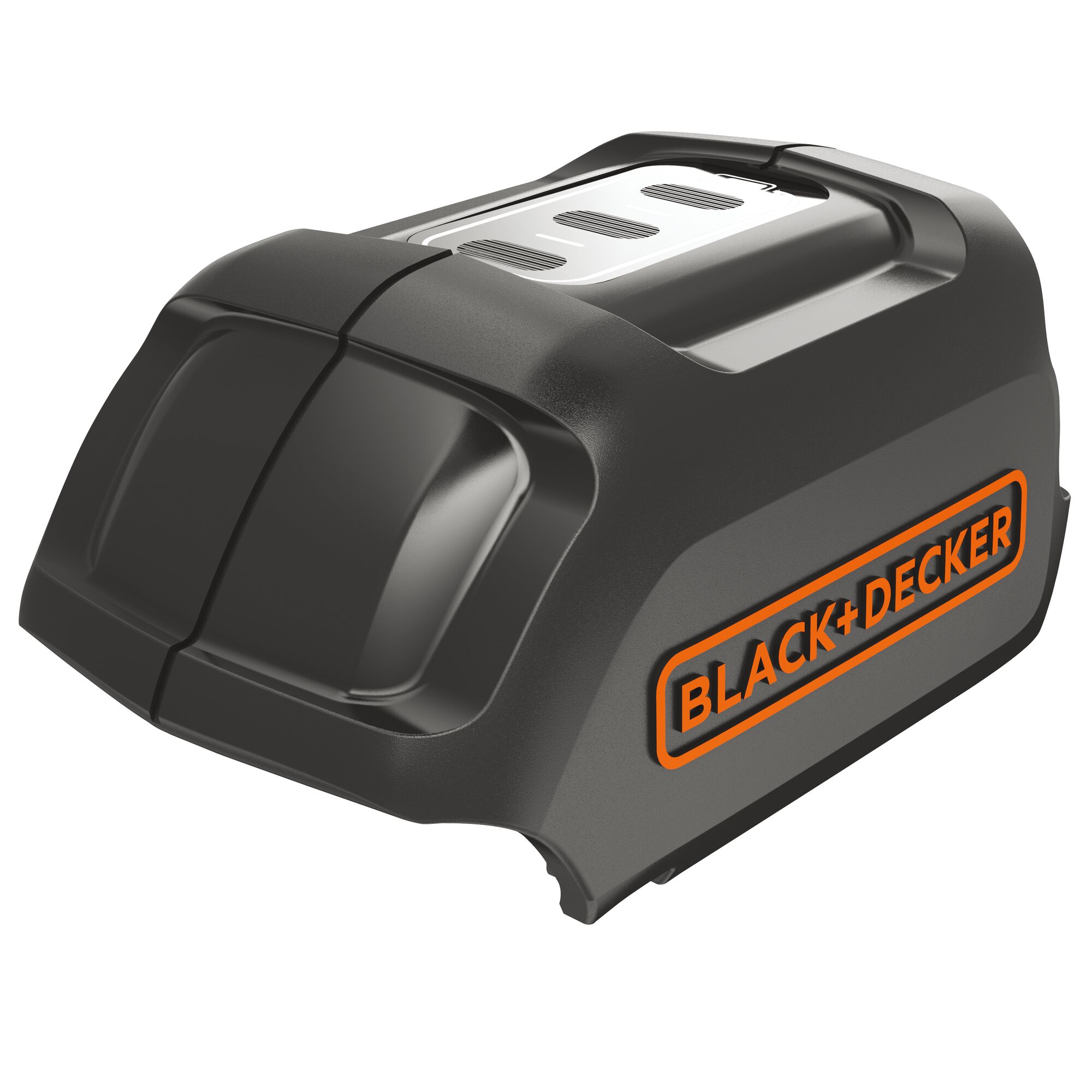 BLACK+DECKER BDUSB18 battery pack, black and grey, side angle, on white background.