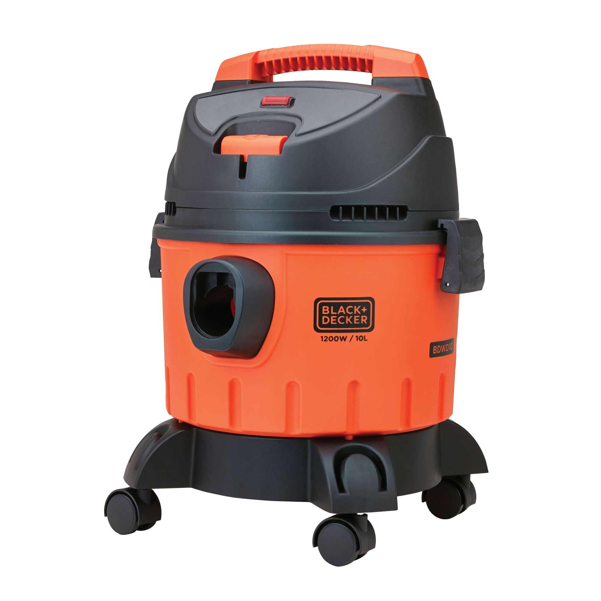 BLACKDECKER BDWD10 wet dry vacuum, orange and black body, with wheels, front angle view.