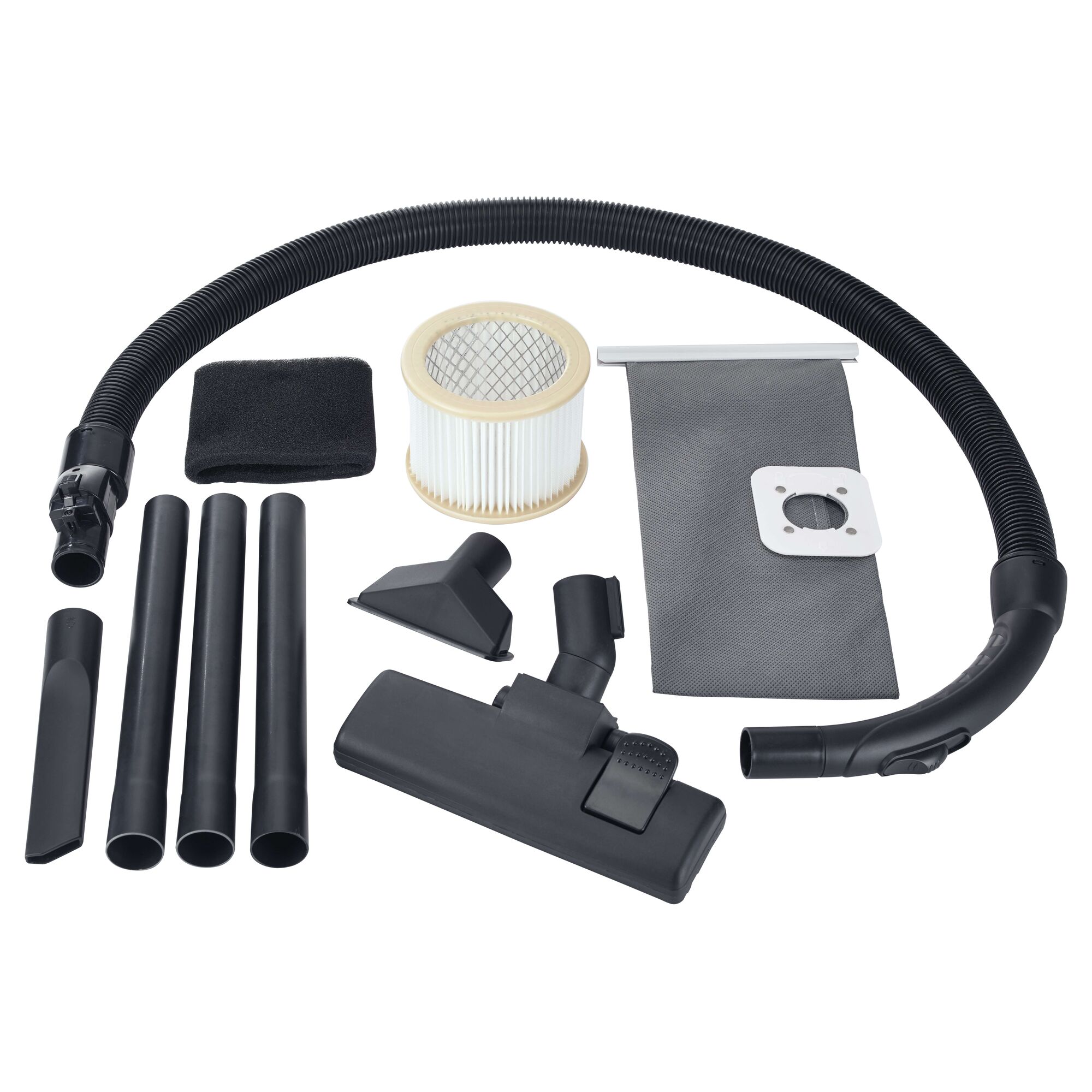 BLACKDECKER BDWD10 vacuum accessory set with hose, filter, nozzles, tubes, and dust bag, top view.