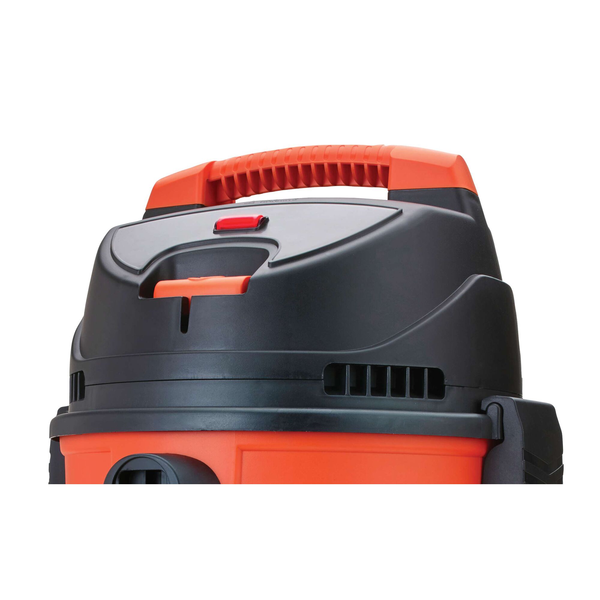 BLACKDECKER BDWD10 wet and dry vacuum top view, red and black plastic handle and controls.