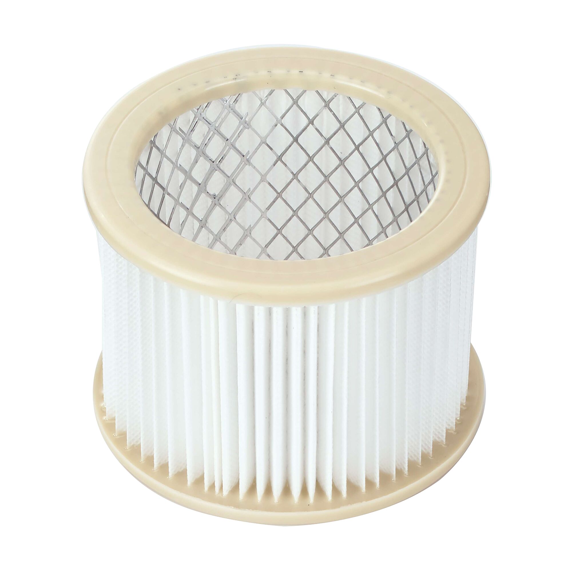 BLACKDECKER BDWD15 cylindrical vacuum filter with white pleated sides and beige rims, top view on white background.