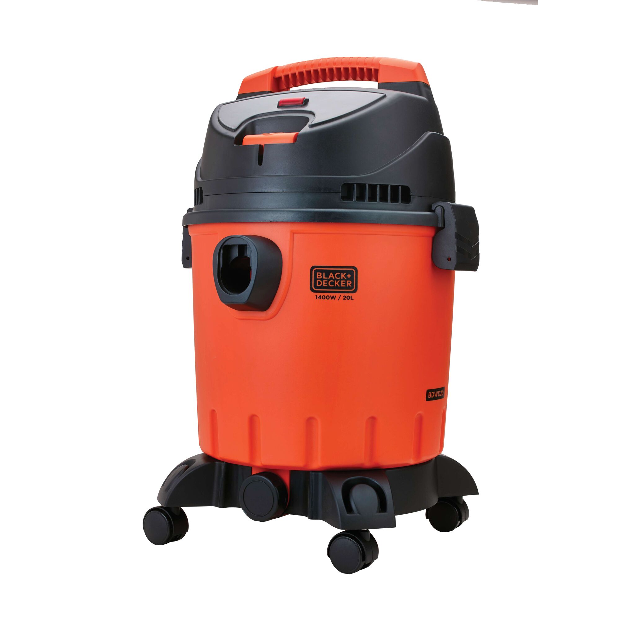 Photo of BLACKDECKER BDWD20 orange and black wet dry vacuum cleaner, front angle, 20L capacity, on wheels.