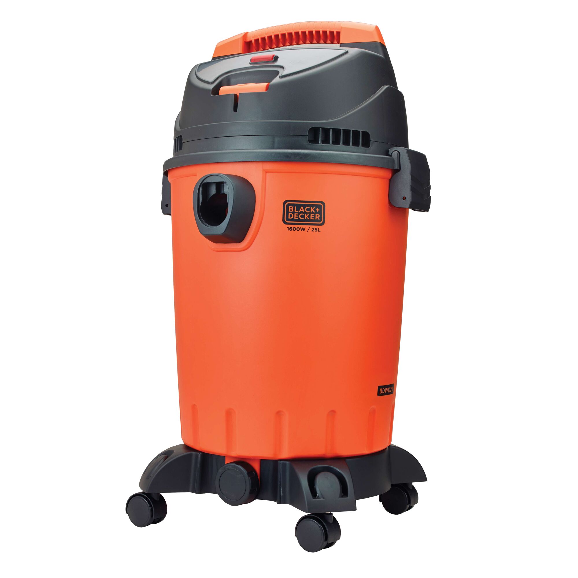 BLACK+DECKER BDWD25 orange and black wet/dry vacuum, photography, front angle on white background