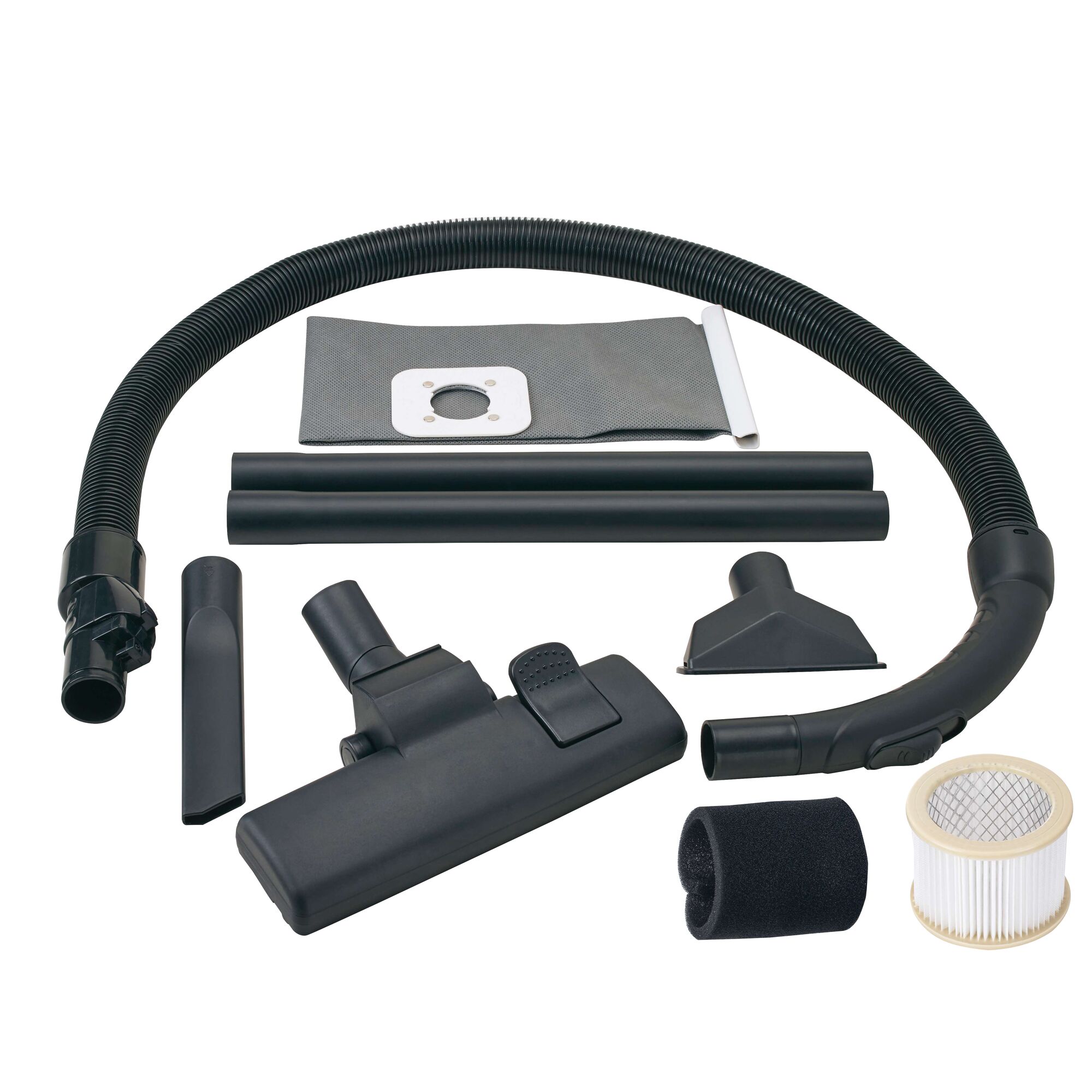 BLACKDECKER BDWD25 vacuum accessories set, includes hose, filter, nozzle attachments, white background
