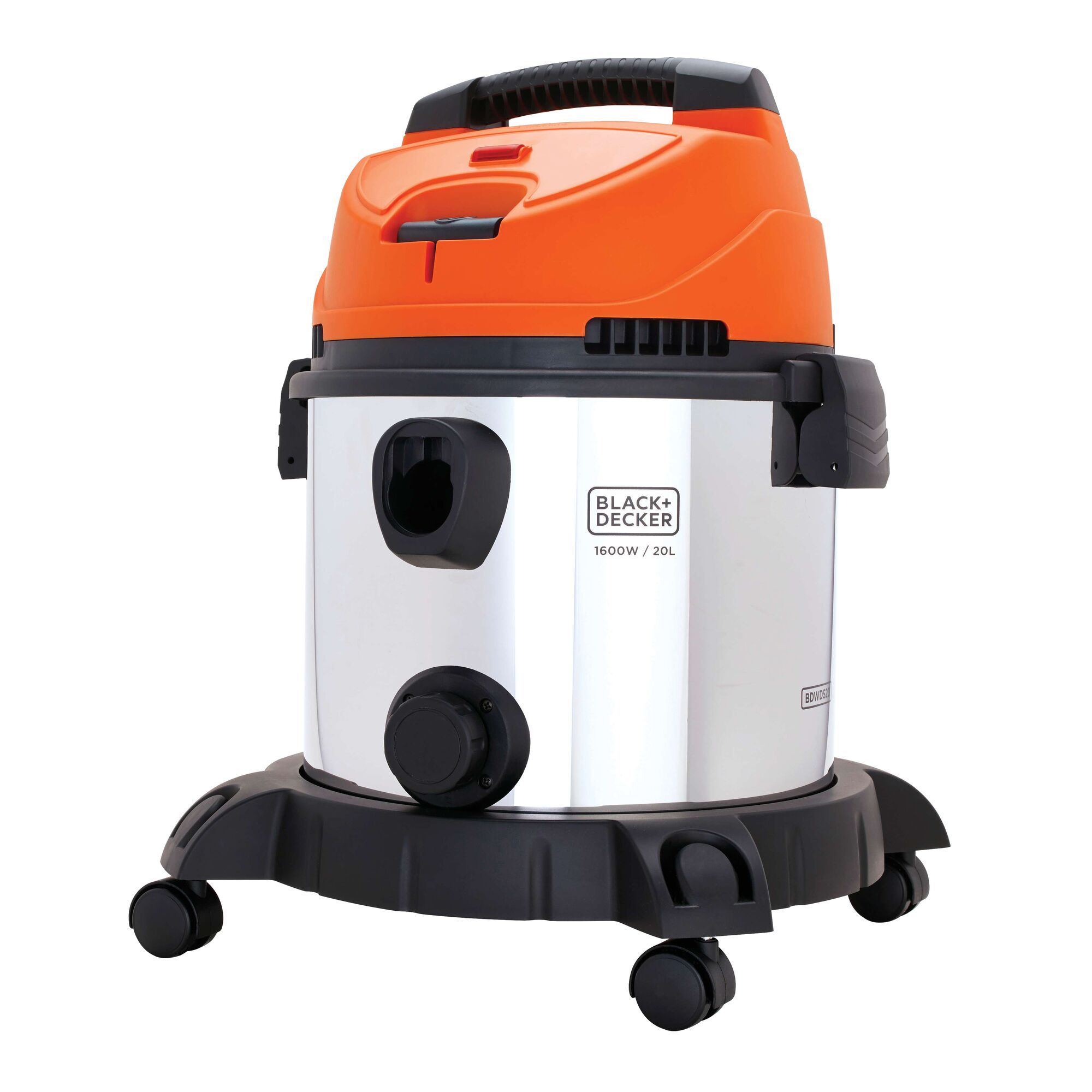BLACK+DECKER BDWDS20 wet and dry vacuum cleaner, silver body, orange top, front angle on white background.