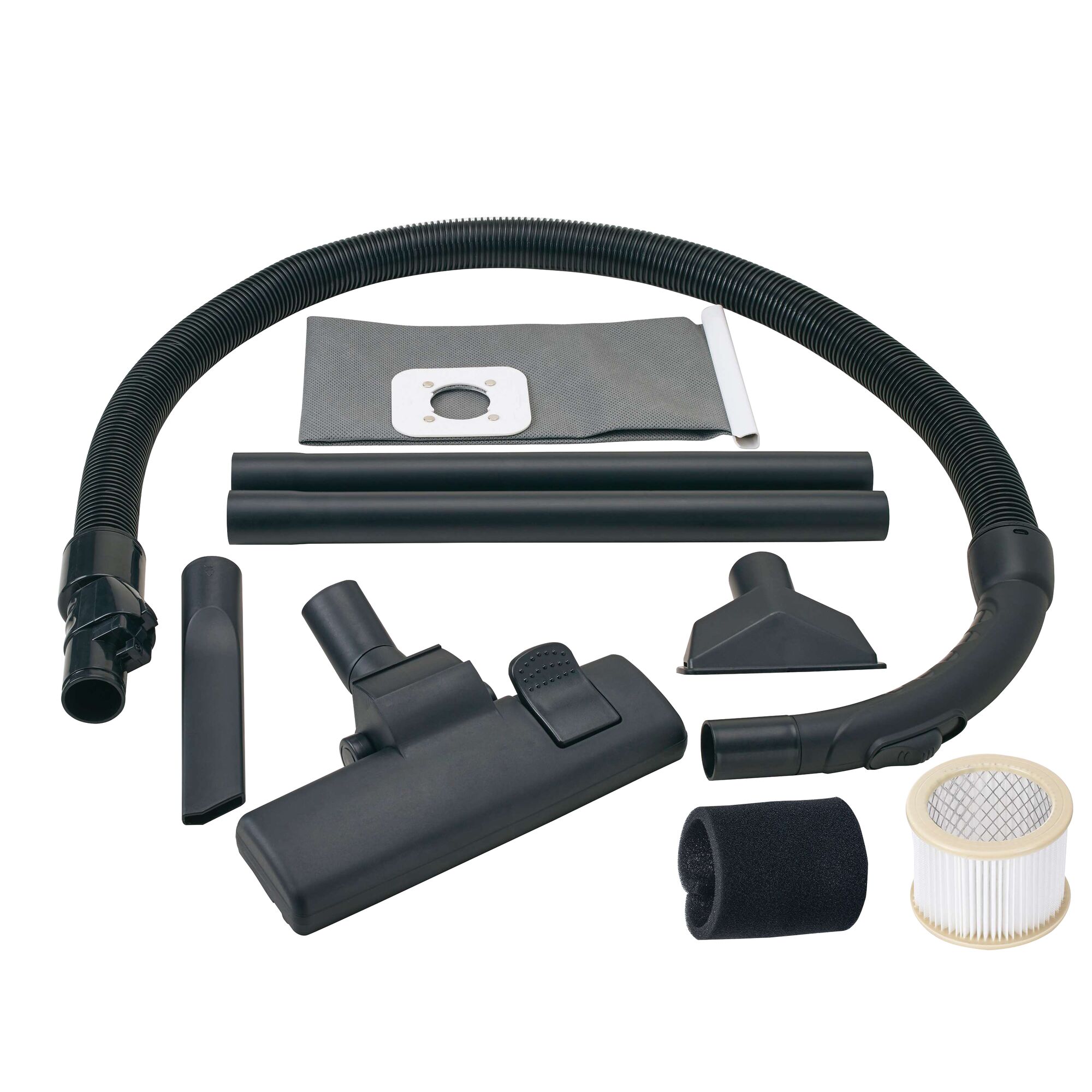 BLACKDECKER BDWDS20 vacuum accessory kit with hose, filters, wand, nozzles and dust bag, white background.