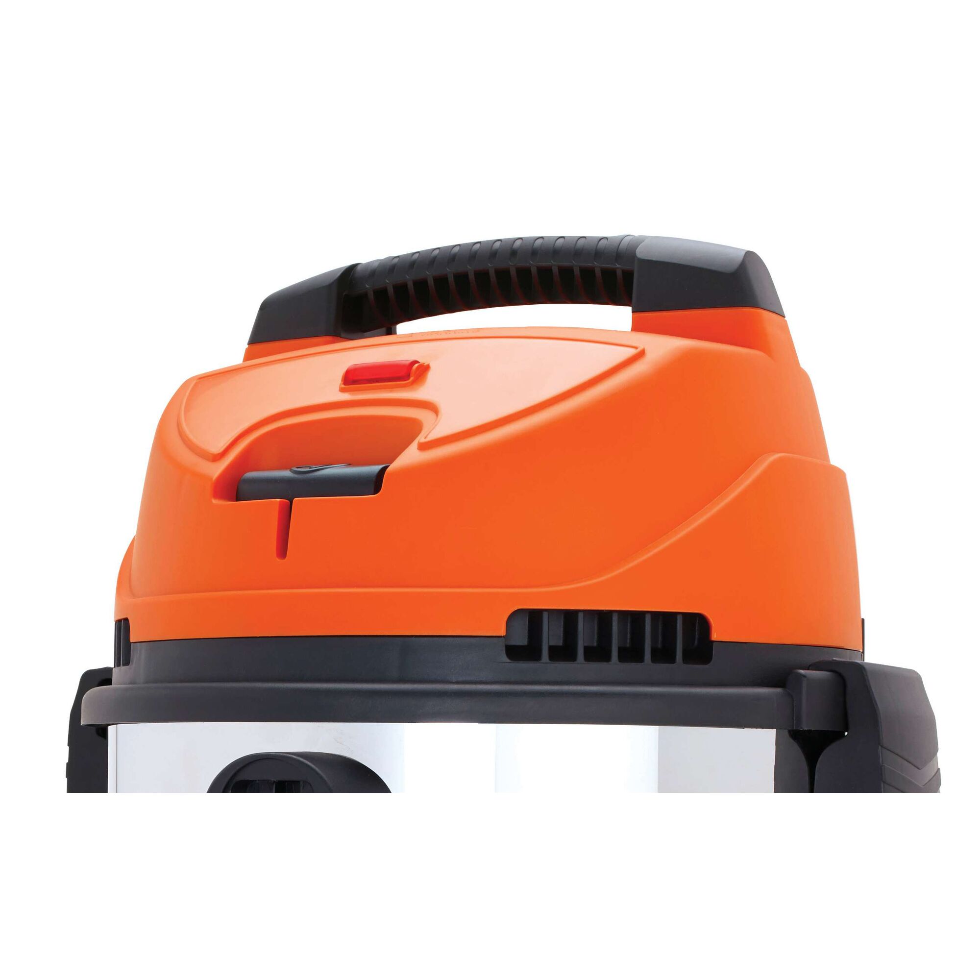 BLACKDECKER BDWDS20 wet dry vacuum top view with orange and black handle on white background.