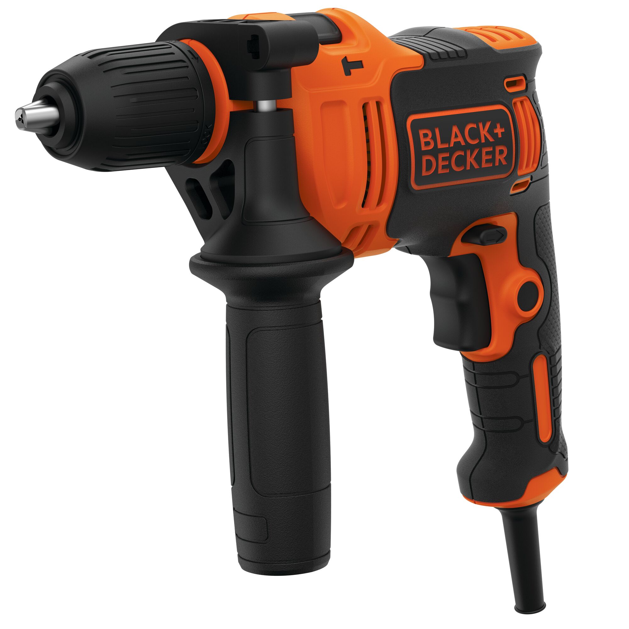 A BLACK+DECKER electric drill with orange and black casing, featuring a side handle for improved grip and control. The drill is suitable for home improvement and construction tasks.