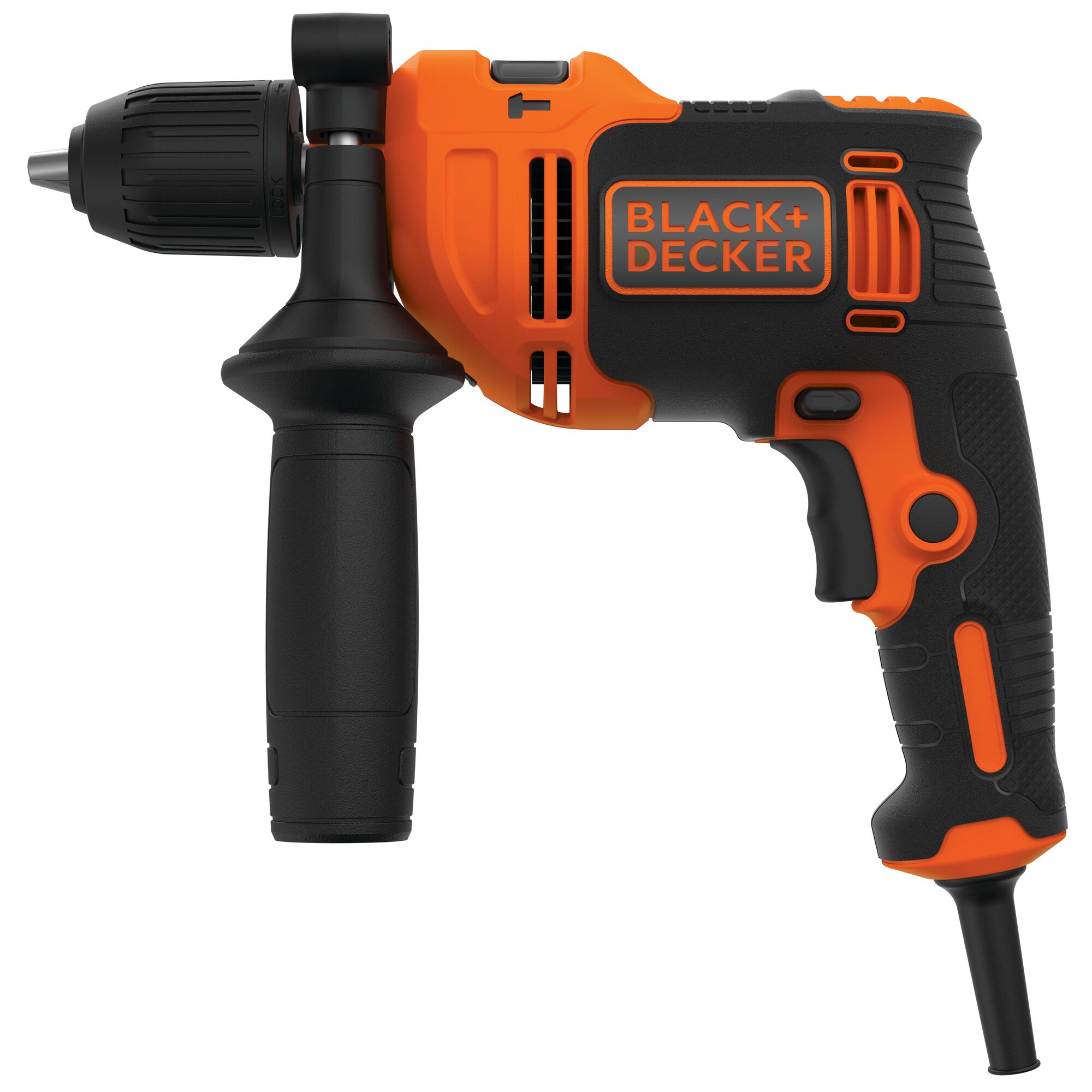 A BLACK+DECKER corded electric drill with a side handle, black and orange in color, shown in close-up against a white background.