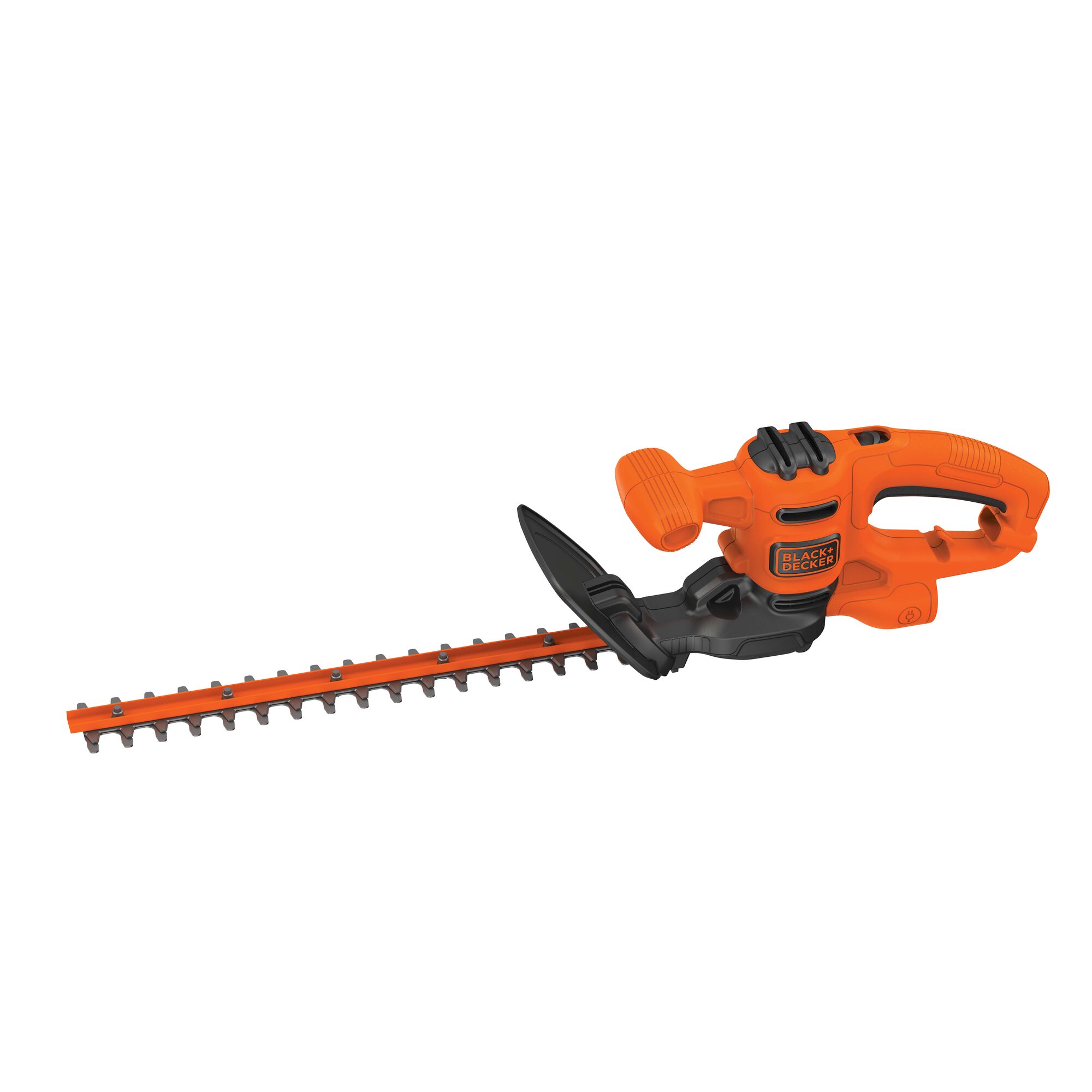 Photo of BLACK+DECKER BEHT100 orange electric hedge trimmer, side angle, with black handle and long blade.