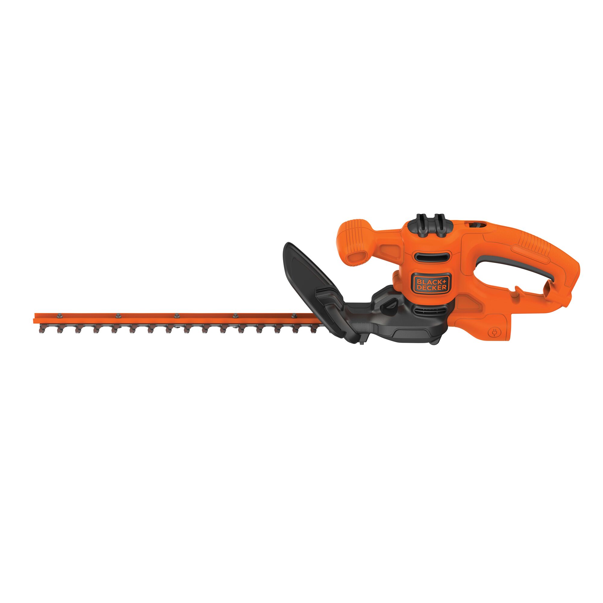 BLACKDECKER BEHT100 hedge trimmer, orange and black, side angle on white background