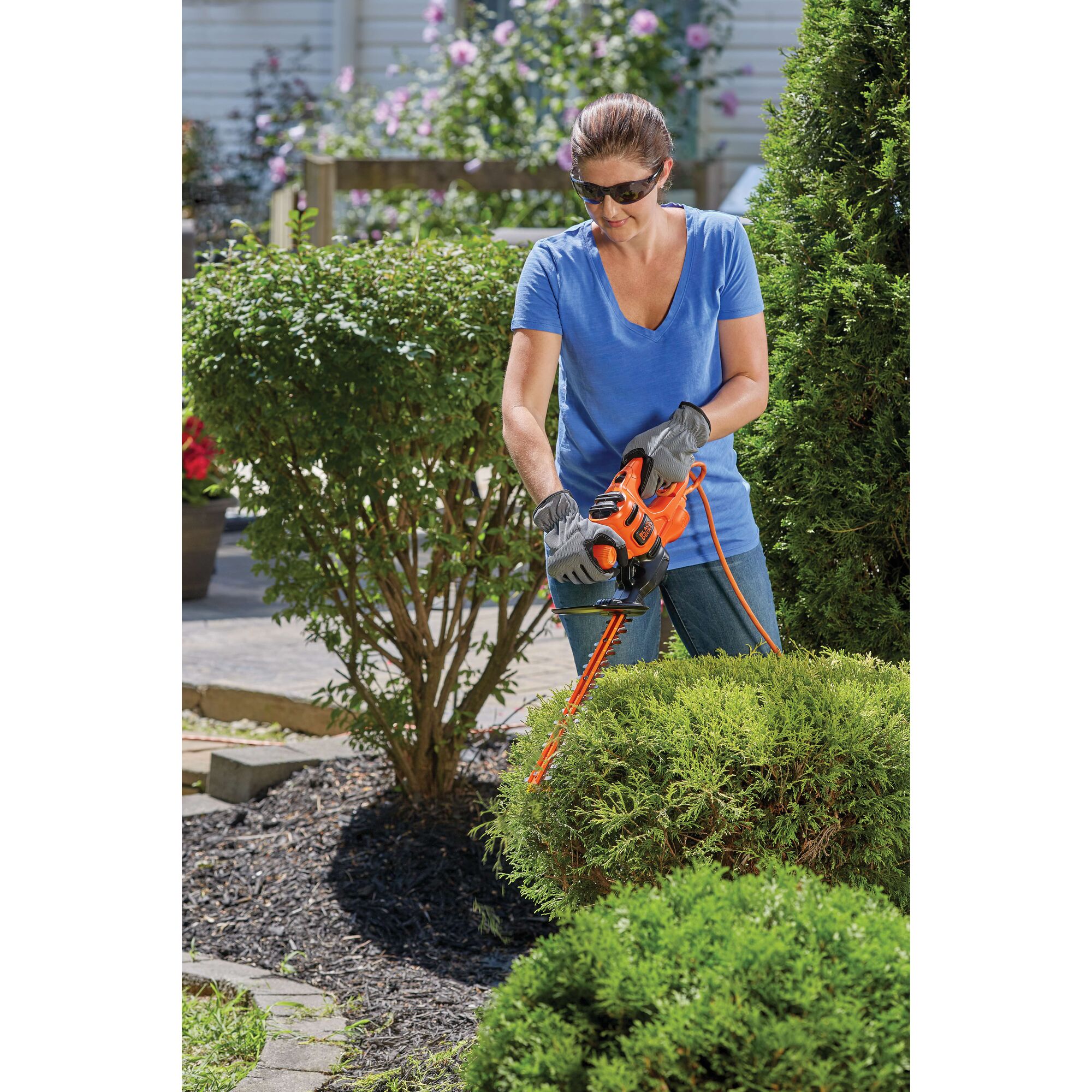 Photo of BLACKDECKER BEHT100 hedge trimmer in use trimming green bushes in a garden setting.