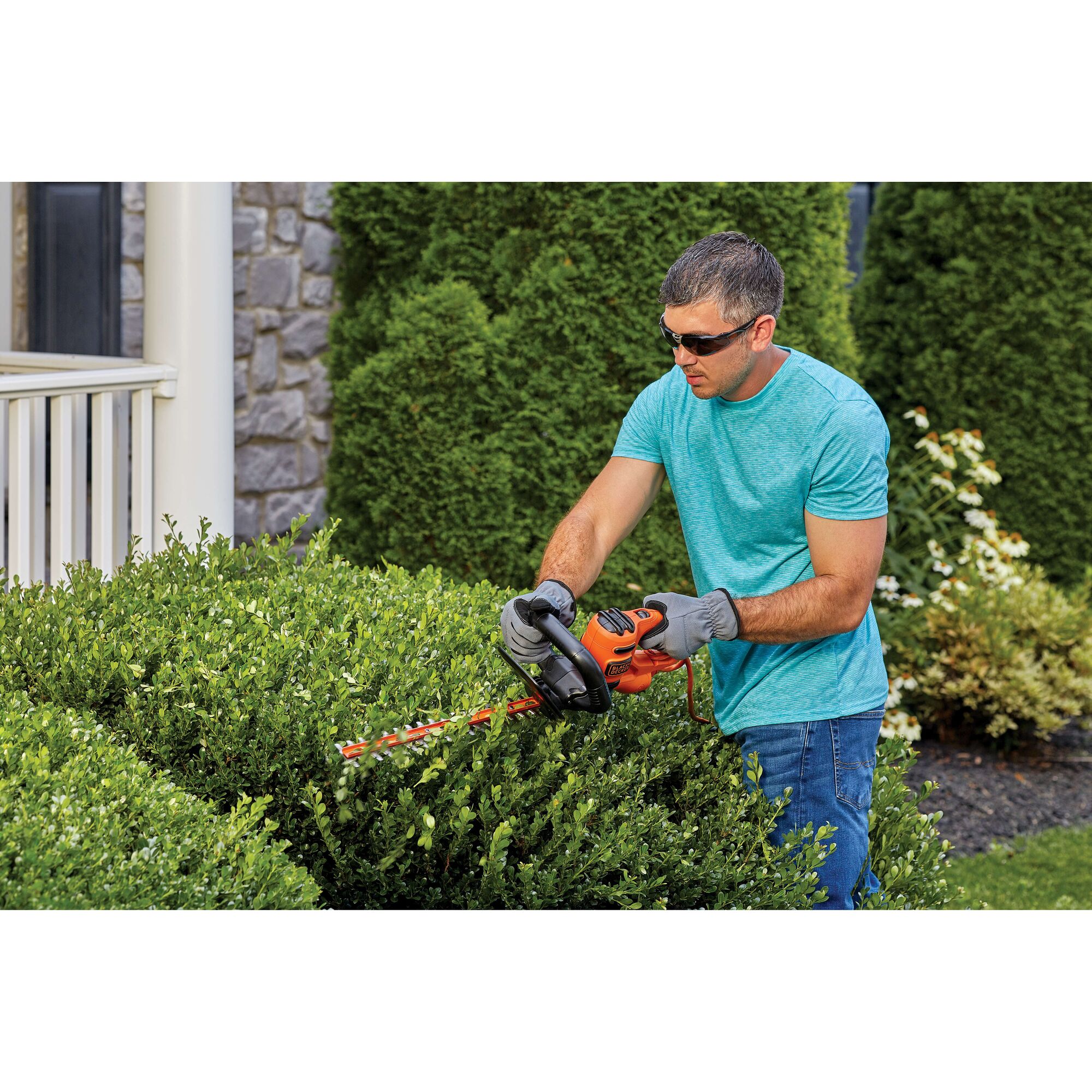 Photo of BLACKDECKER hedge trimmer BEHT100 in use trimming green bushes outdoors.