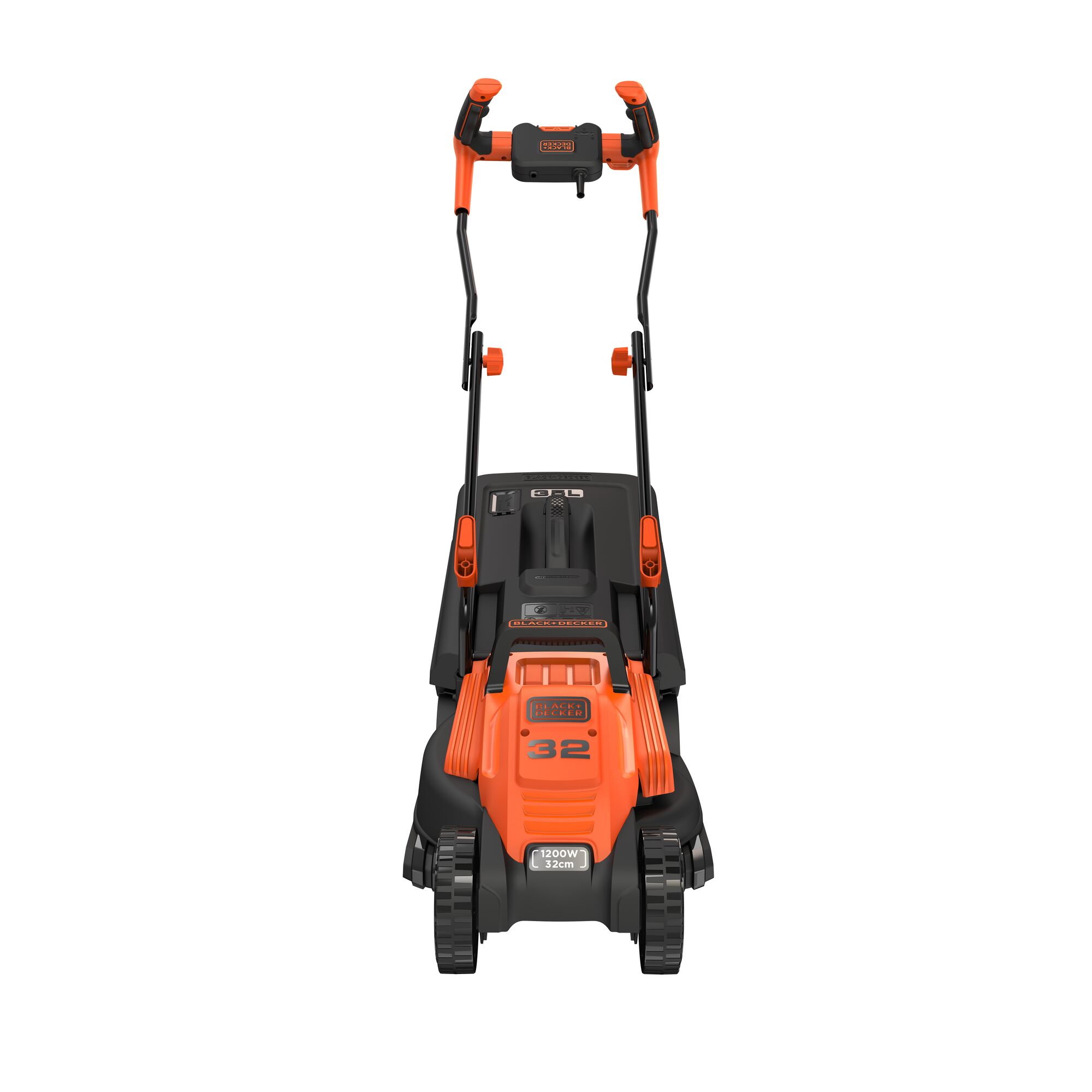 BLACKDECKER BEMW451BH orange and black lawn mower, front angle, 1200W, 32cm cutting width.