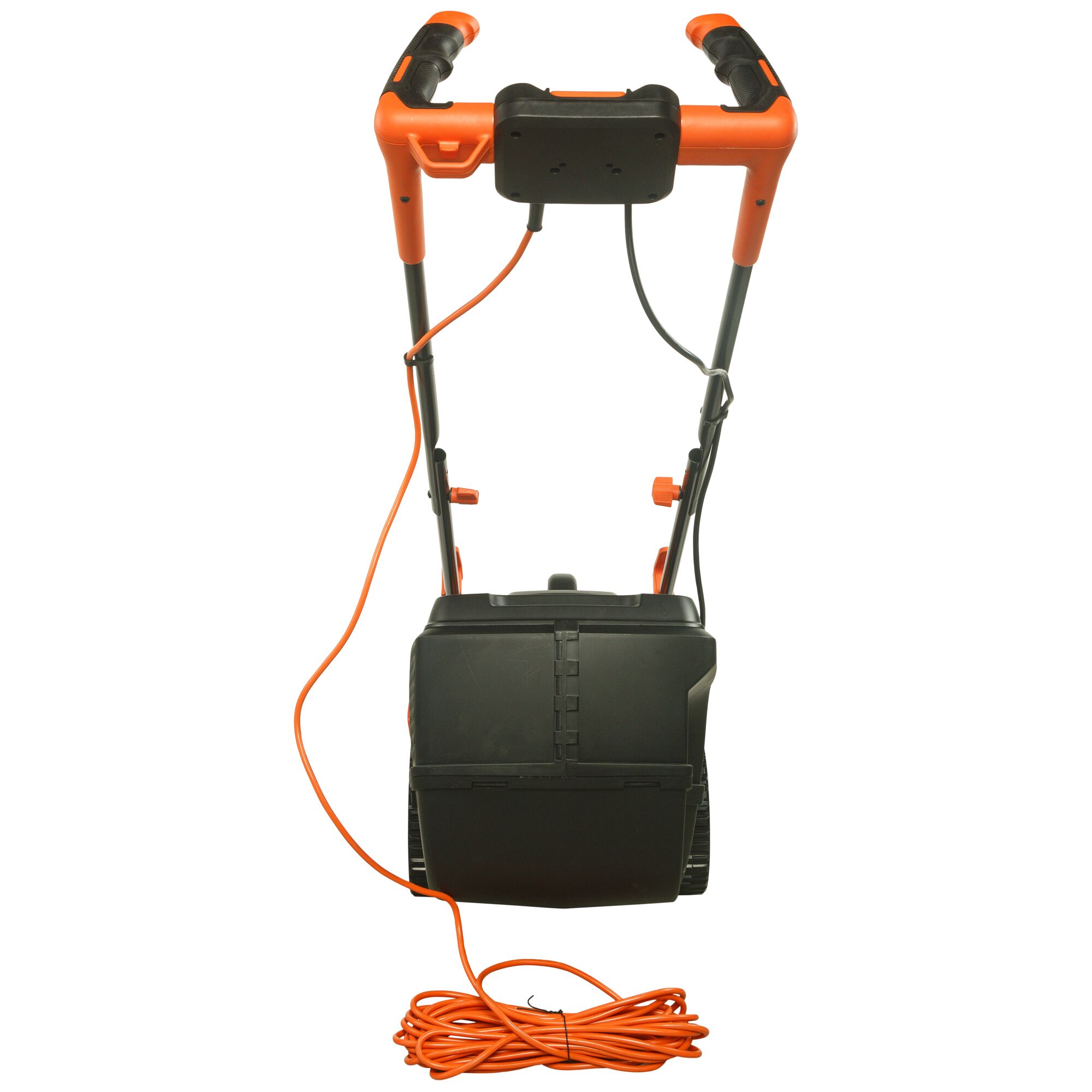 BLACKDECKER lawn mower BEMW461BH rear angle, orange handles, black grass bag, coiled power cord.