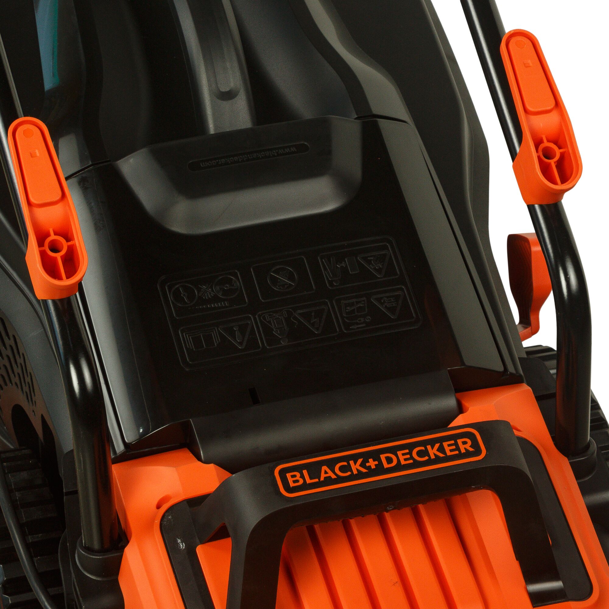 BLACK+DECKER BEMW461BH lawn mower close-up, black and orange handle and control levers, top angle.