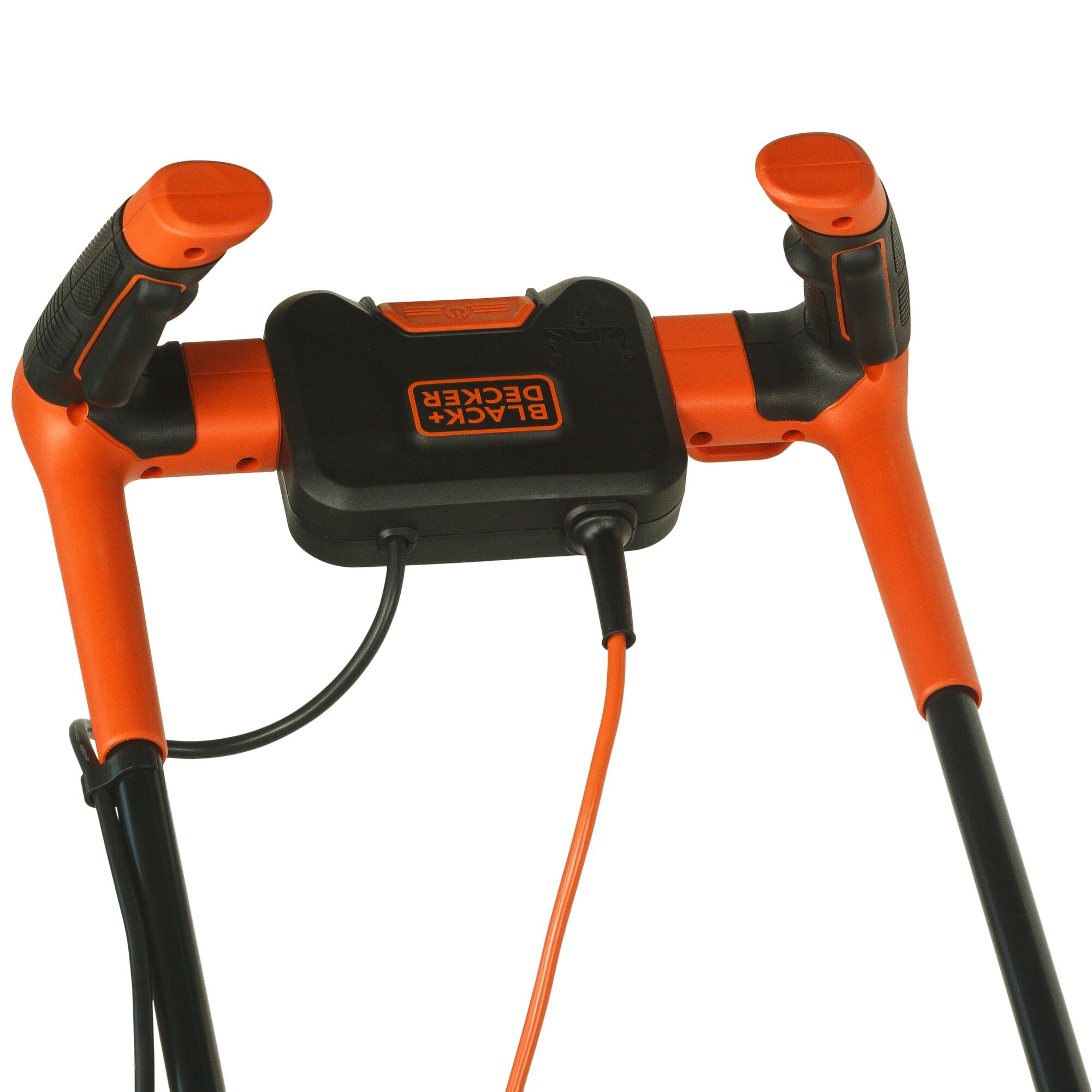 BLACKDECKER BEMW461BH lawn mower handle with orange and black controls, front angle.