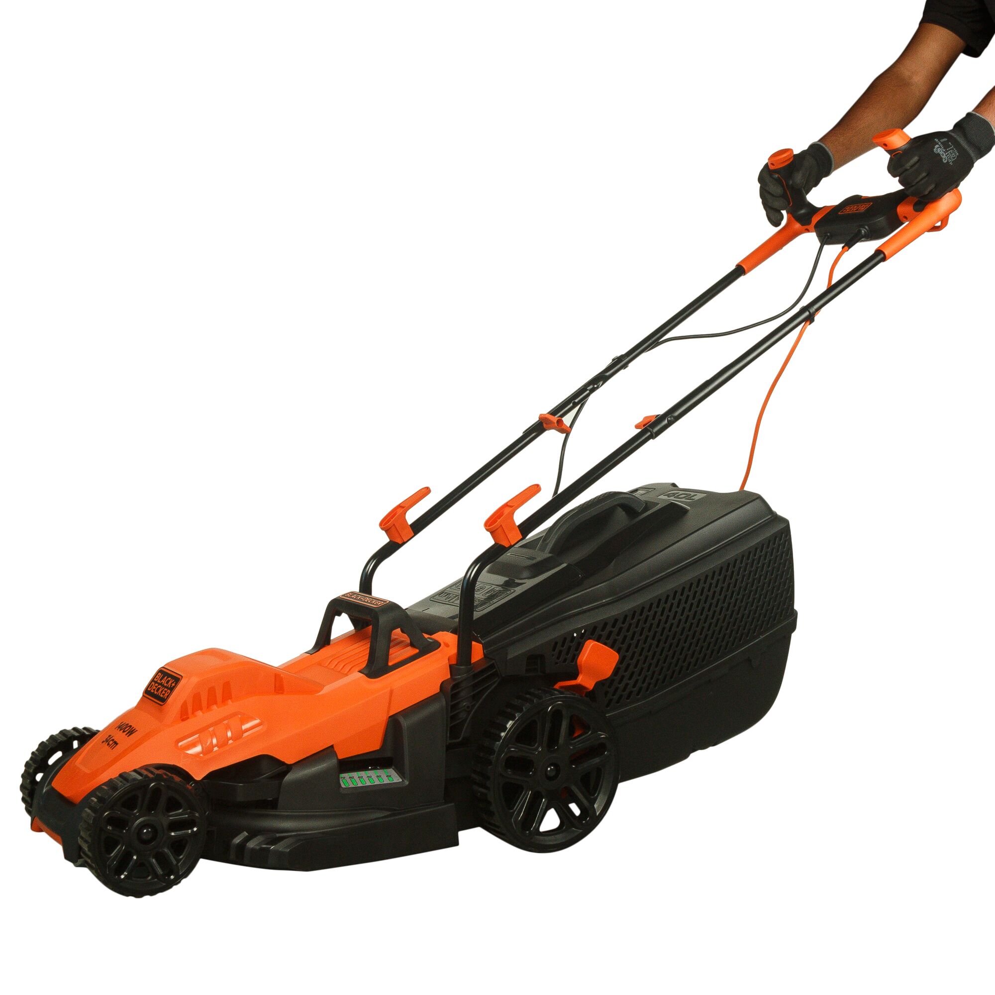 BLACKDECKER BEMW461BH lawn mower side view, orange and black body, ergonomic handlebars, on white background.
