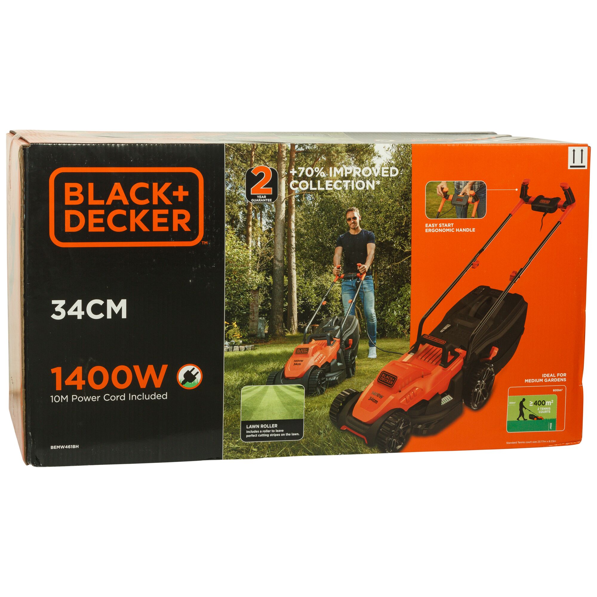 BLACK+DECKER BEMW461BH photography of boxed 34cm 1400W electric lawn mower with ergonomic handle and lawn roller.