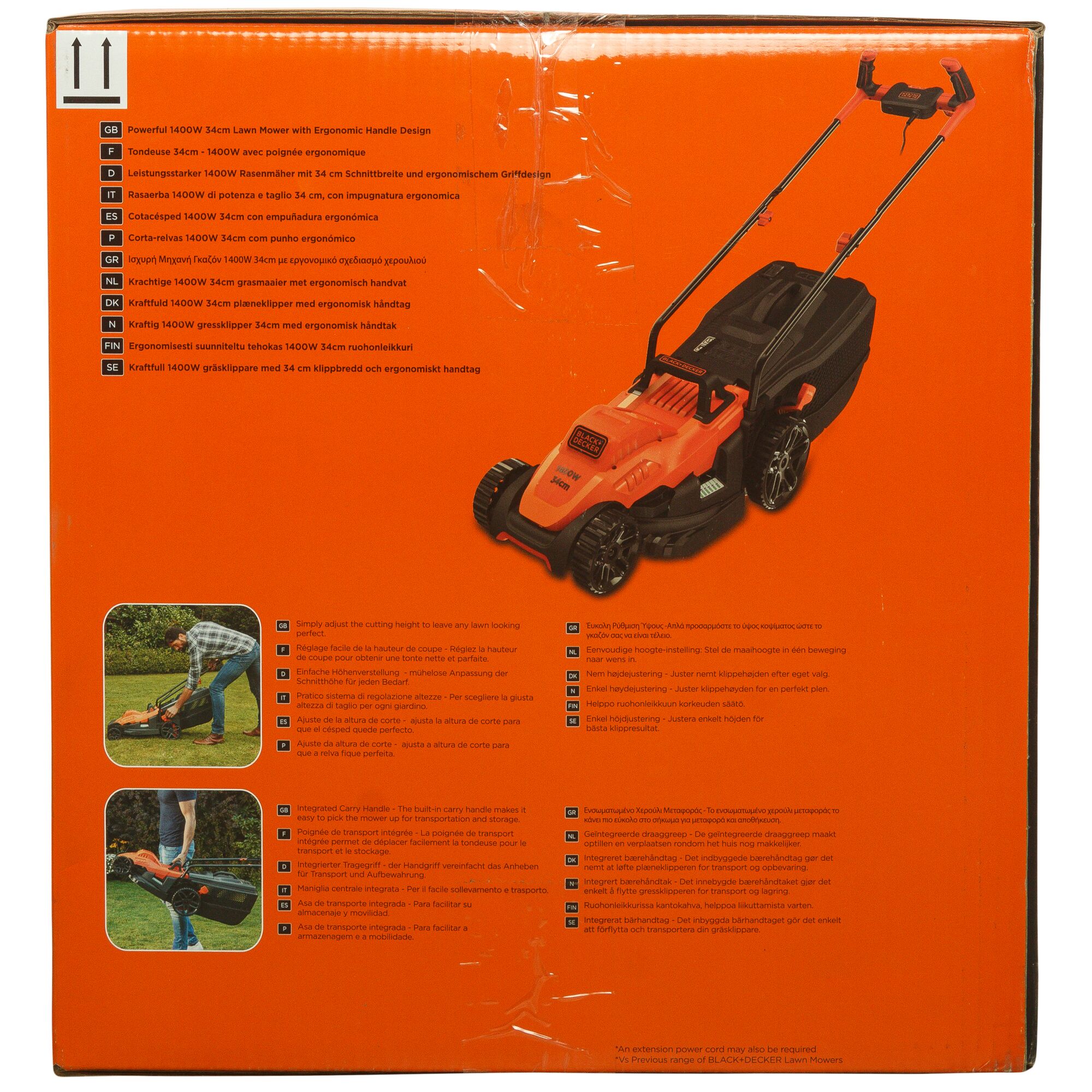 BLACK+DECKER BEMW461BH electric lawn mower with ergonomic handle, 34cm cutting width, side angle on orange box packaging.