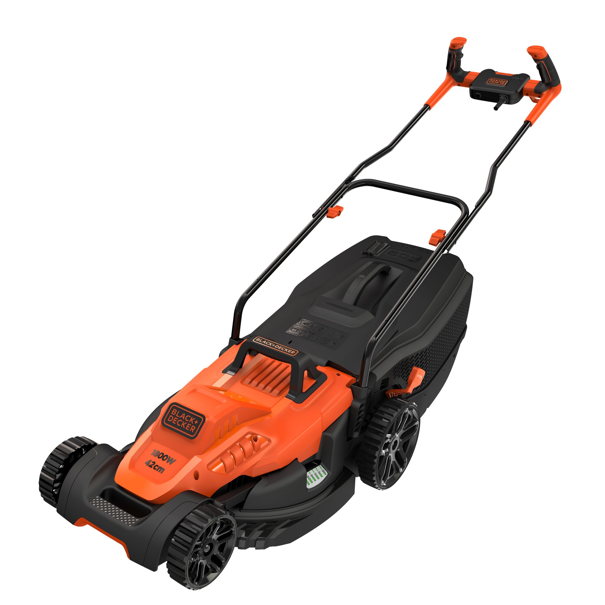 Photo of BLACKDECKER BEMW471BH lawn mower, orange and black, front angle, large wheels, ergonomic handle.