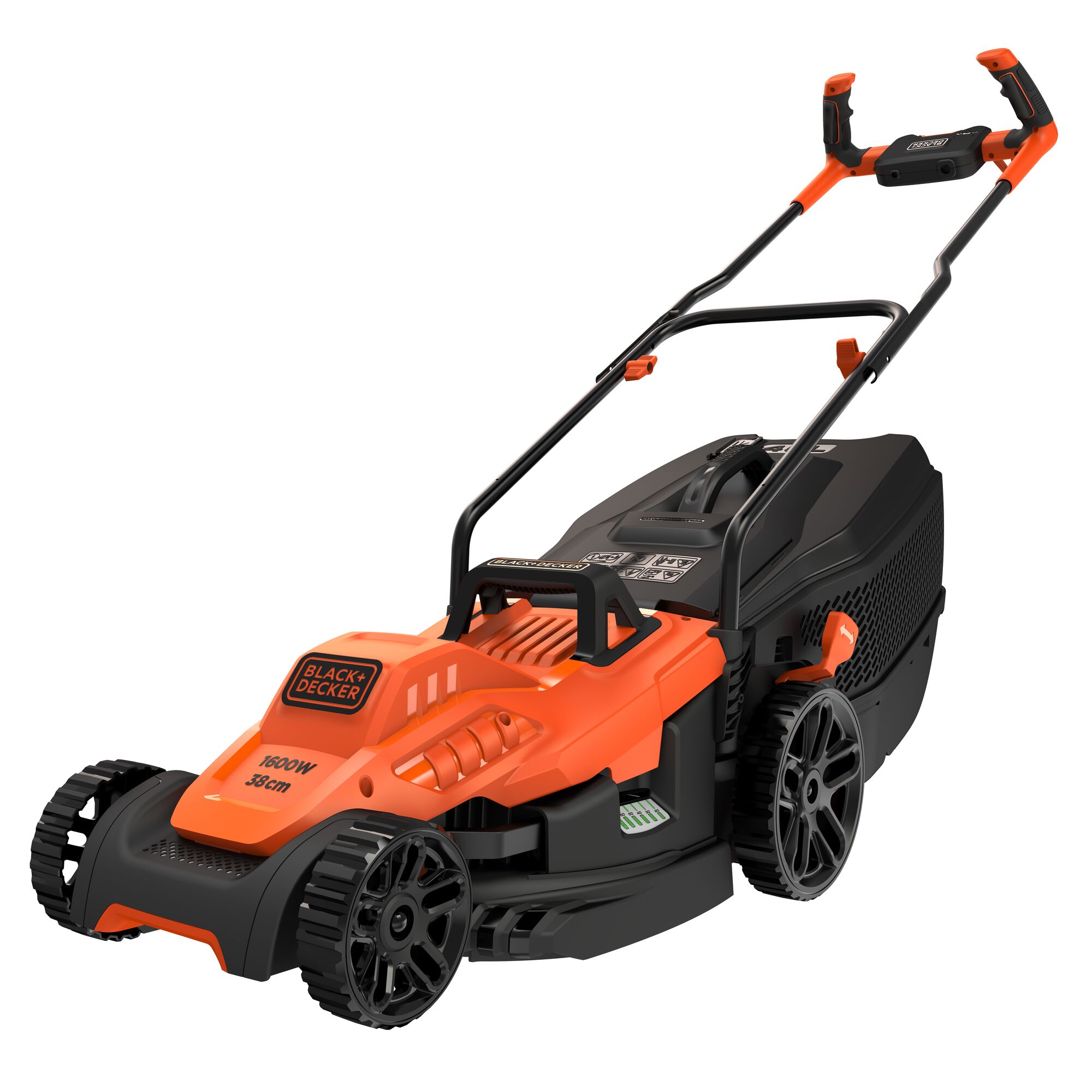 BLACKDECKER BEMW471BH orange and black electric lawn mower side angle on white background