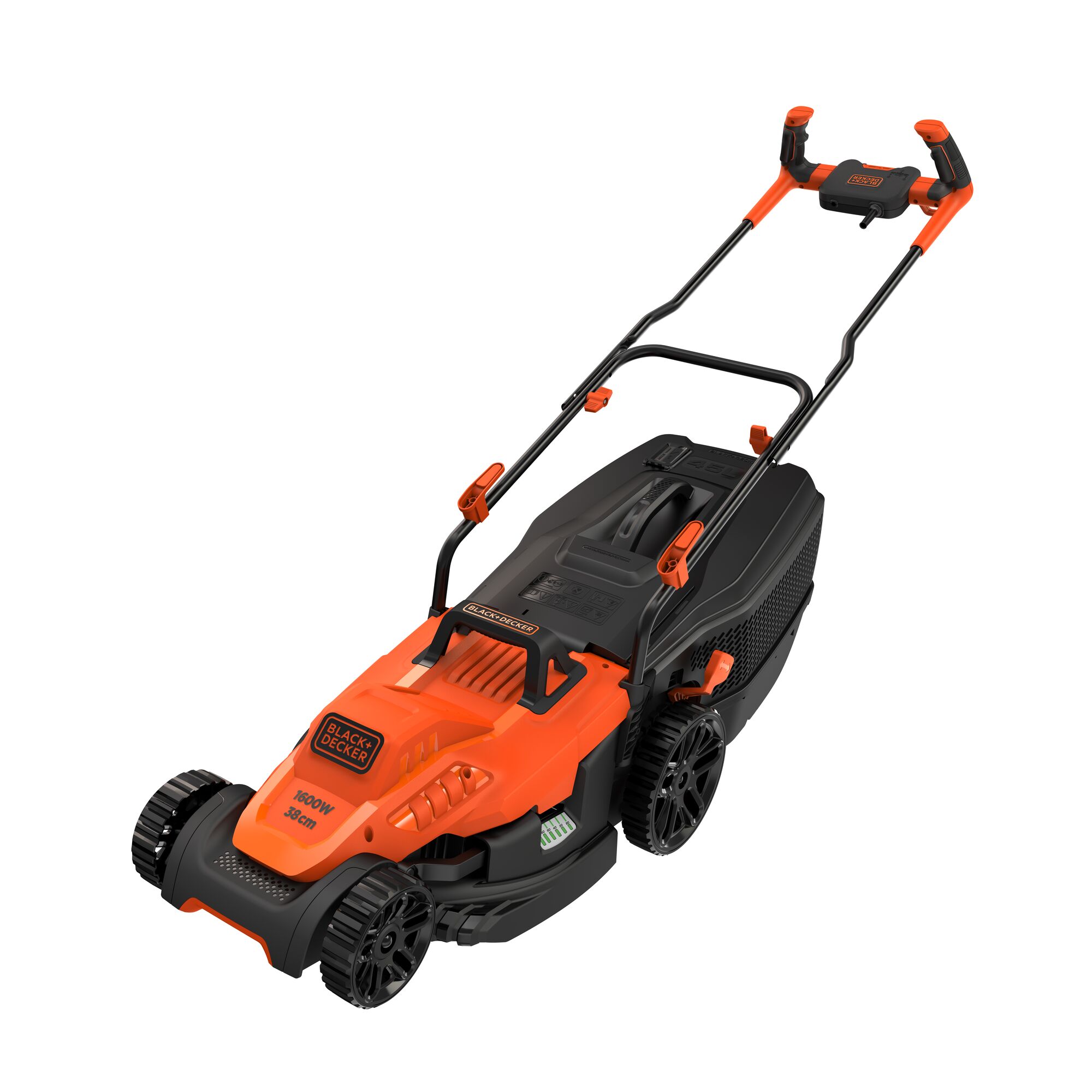 BLACKDECKER BEMW471BH orange and black electric lawn mower, three-quarter view, white background.