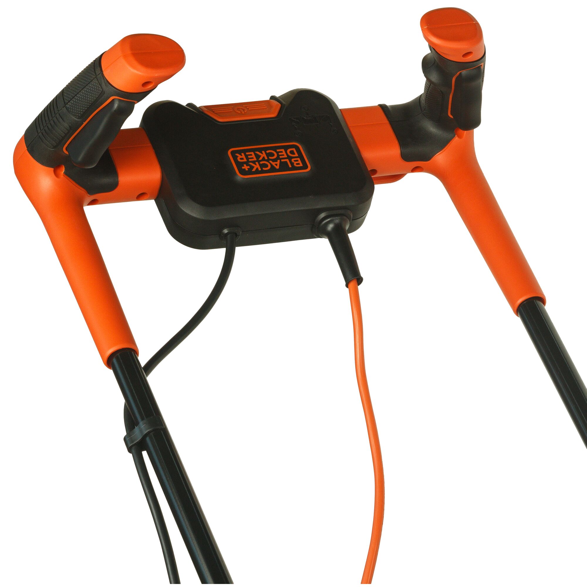 BLACKDECKER BEMW471BH lawn mower handle, orange and black, front angle, control cables attached