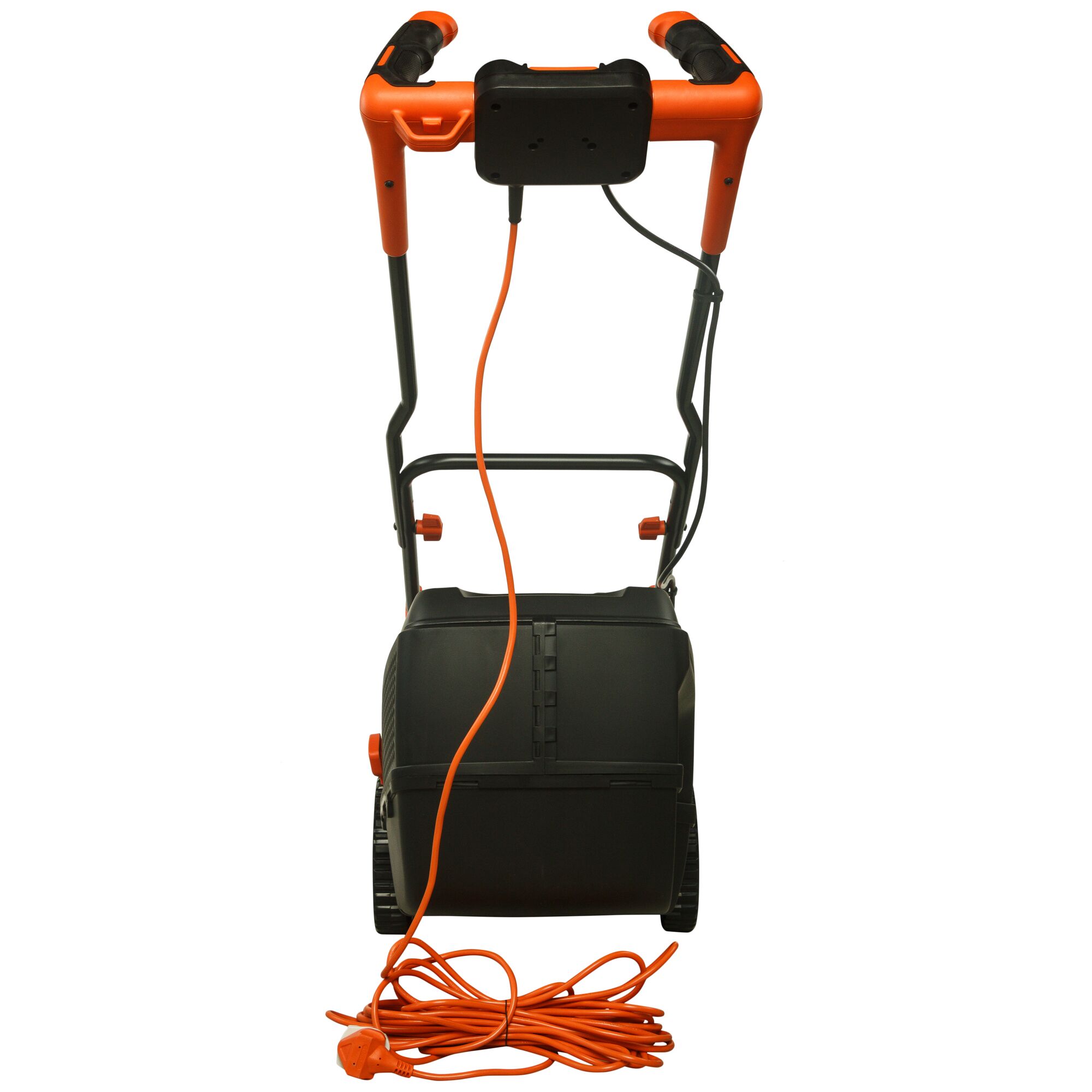BLACKDECKER BEMW471BH lawn mower rear view with orange handle and power cord on white background