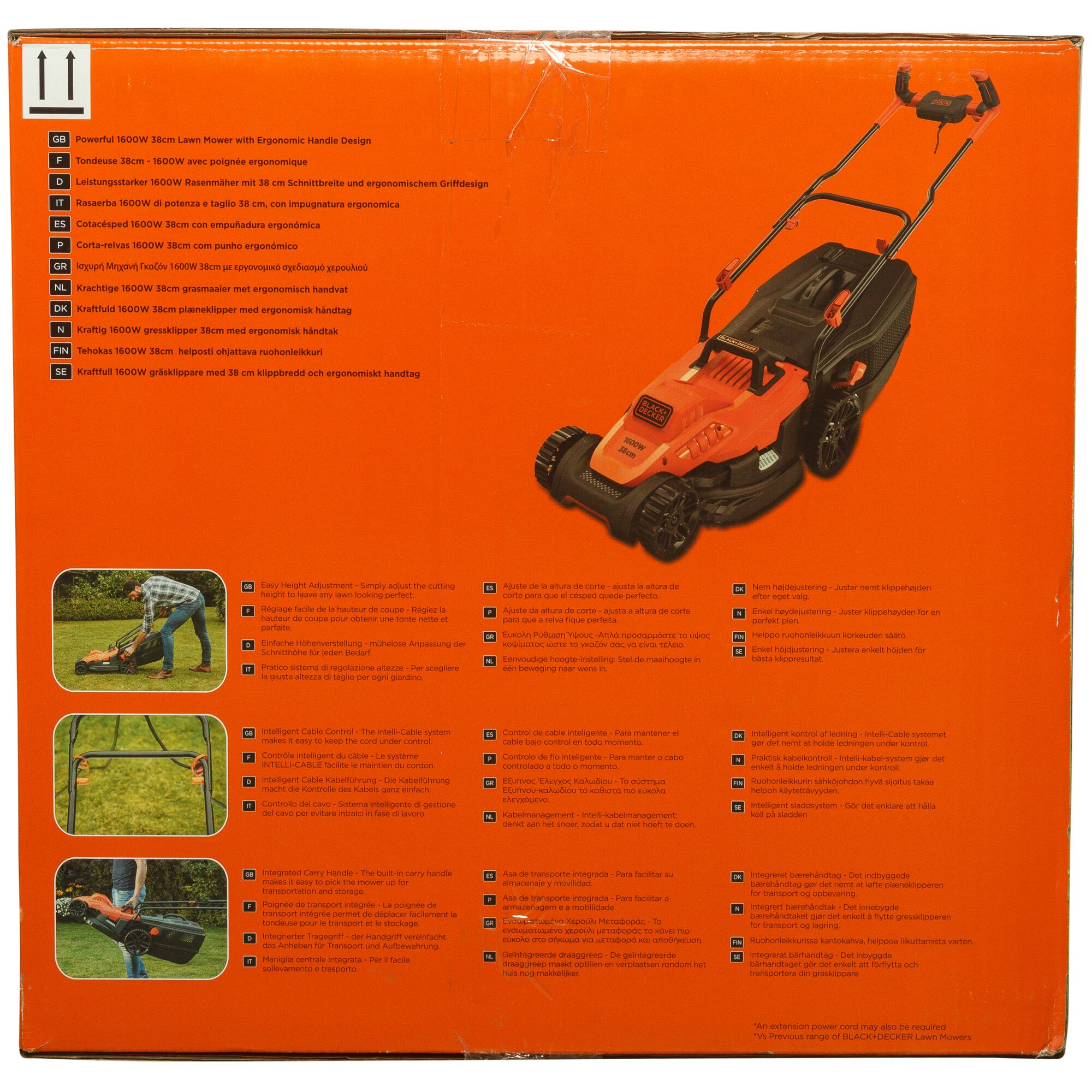 Photo of BLACKDECKER BEMW471BH lawn mower packaging, showing mower with ergonomic handle on orange box, rear angle.