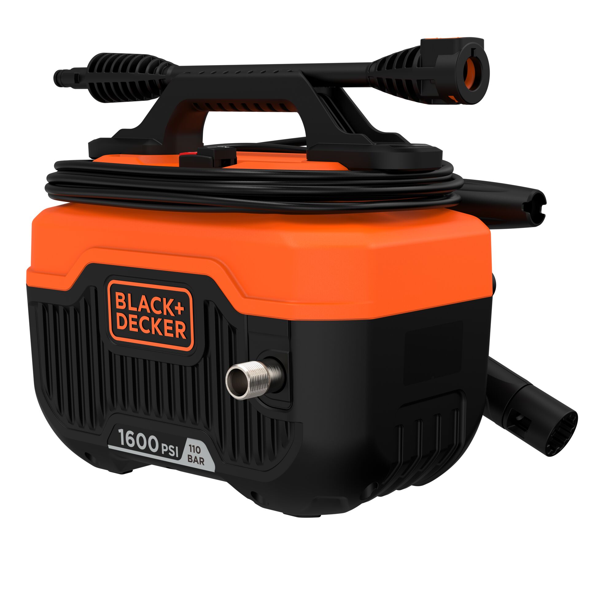 Photo of BLACK+DECKER BEPW1600H compact pressure washer, black and orange, front angle, 1600 PSI, hose wrapped on top.