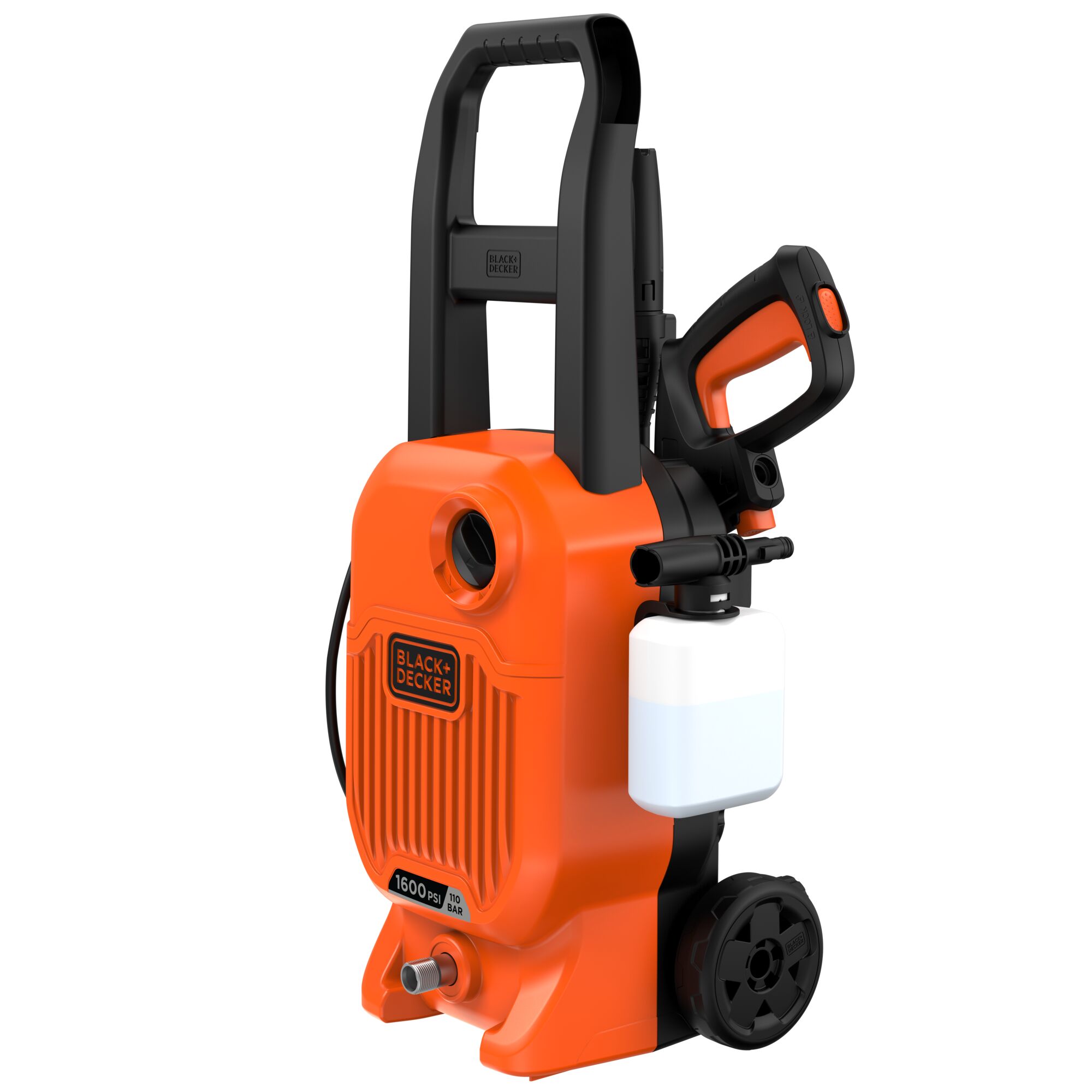 BLACKDECKER BEPW1600L orange and black pressure washer with detergent bottle, front angle, white background.
