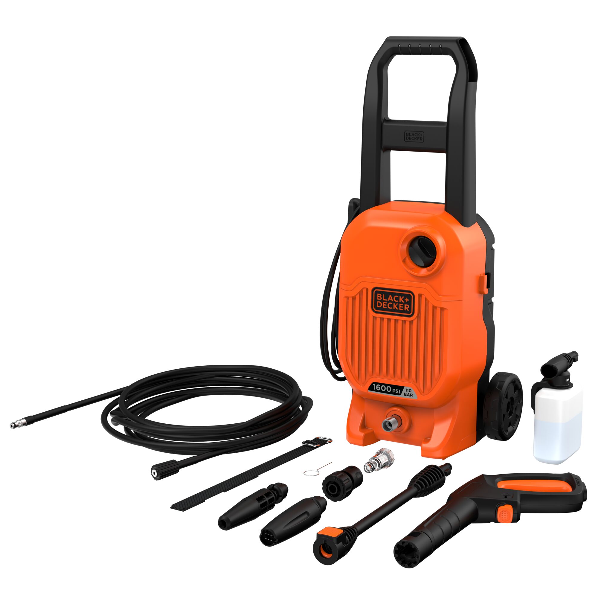 BLACKDECKER BEPW1600L orange and black pressure washer with accessories, front angle, white background.