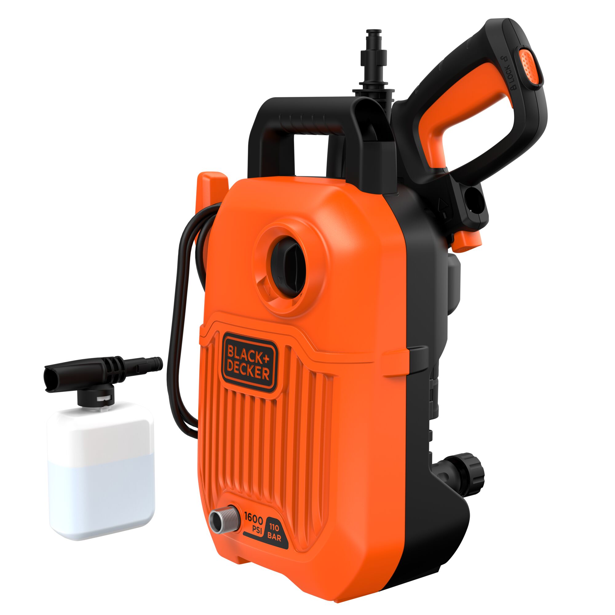 Photo of BLACKDECKER BEPW1600 orange and black pressure washer with handle and soap bottle, front angle.