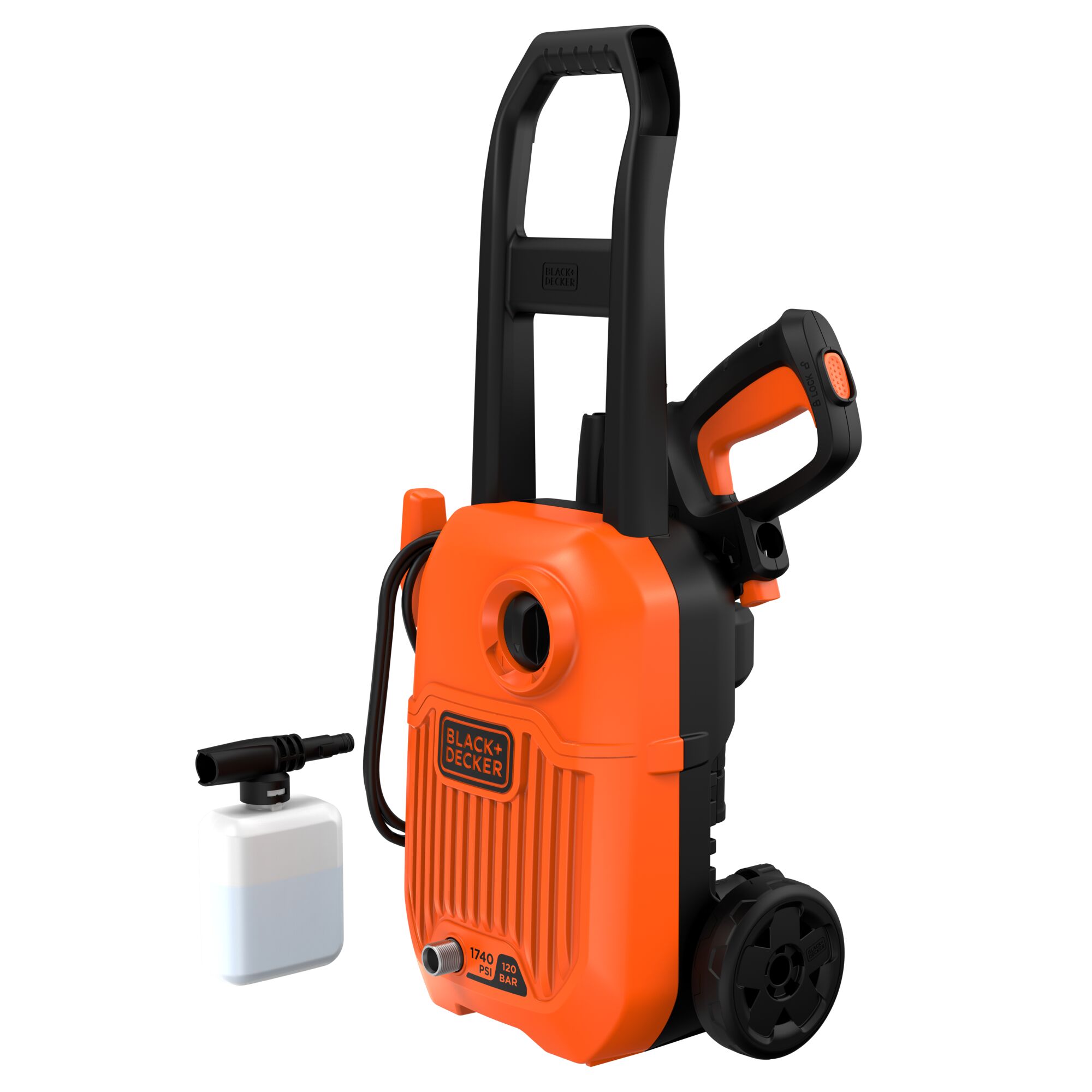BLACKDECKER BEPW1750 pressure washer with wheels and detergent bottle, front angle on white background.