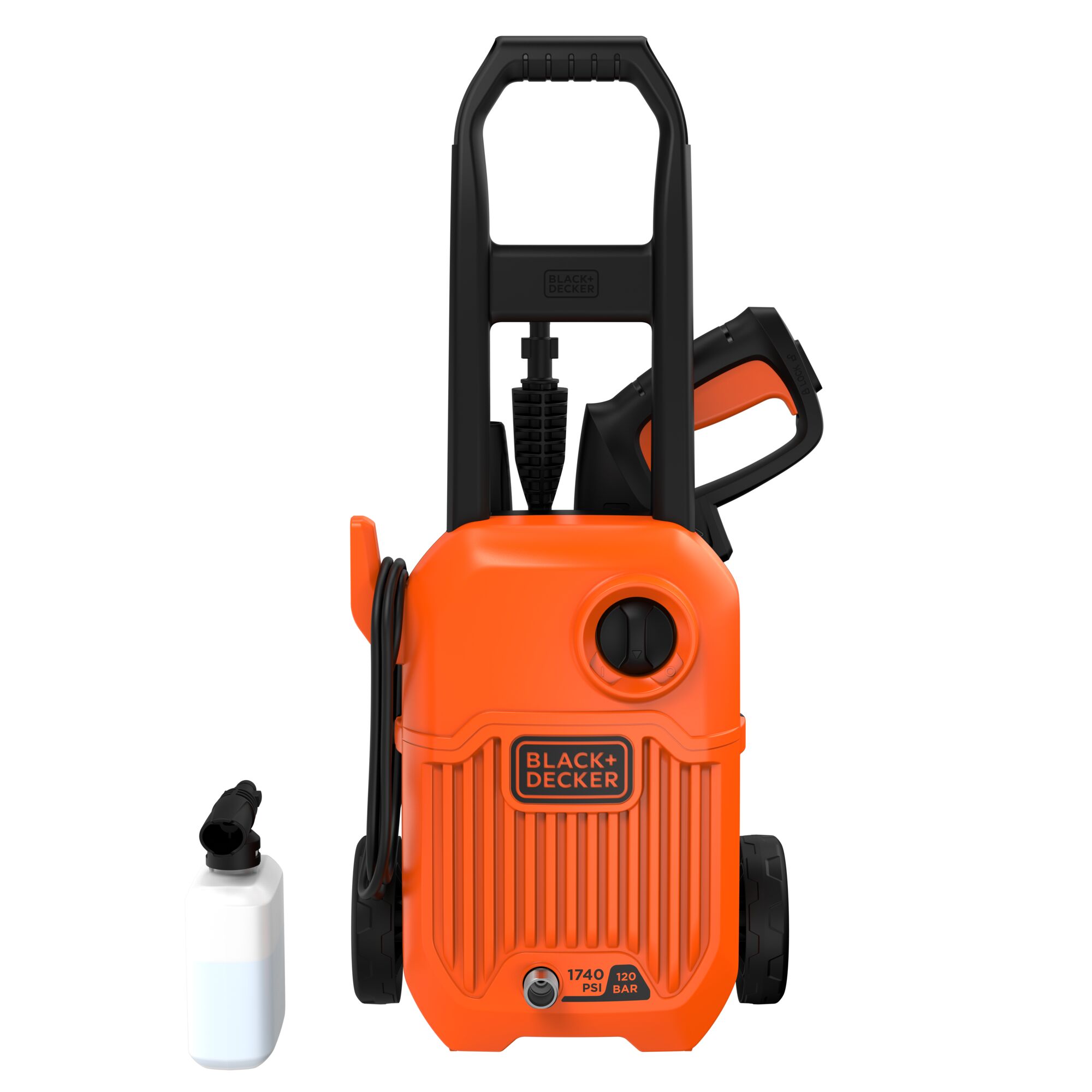 BLACKDECKER BEPW1750 orange pressure washer front view with spray handle and detergent bottle.