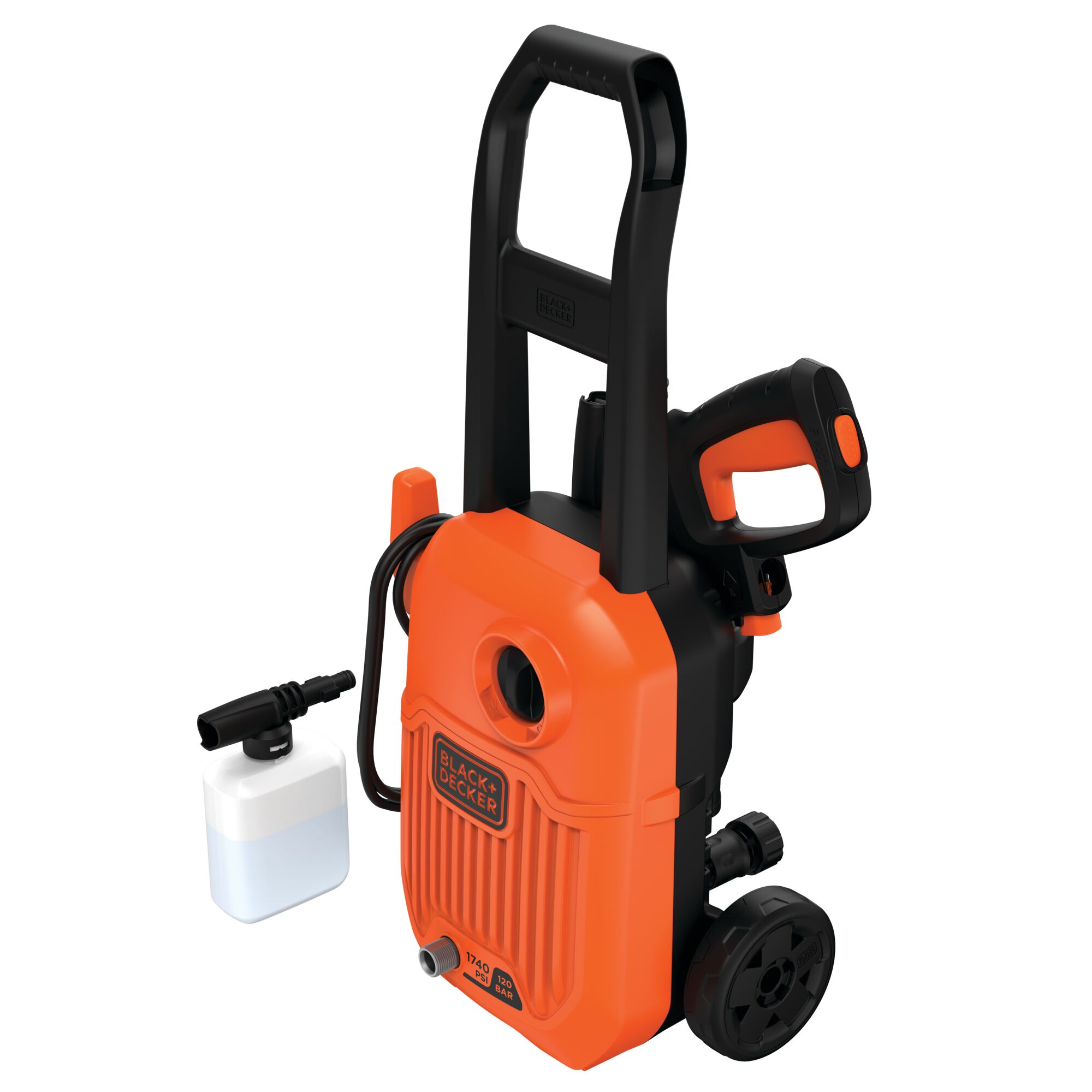 Photo of BLACKDECKER BEPW1750 orange and black pressure washer with detergent bottle, front angle.