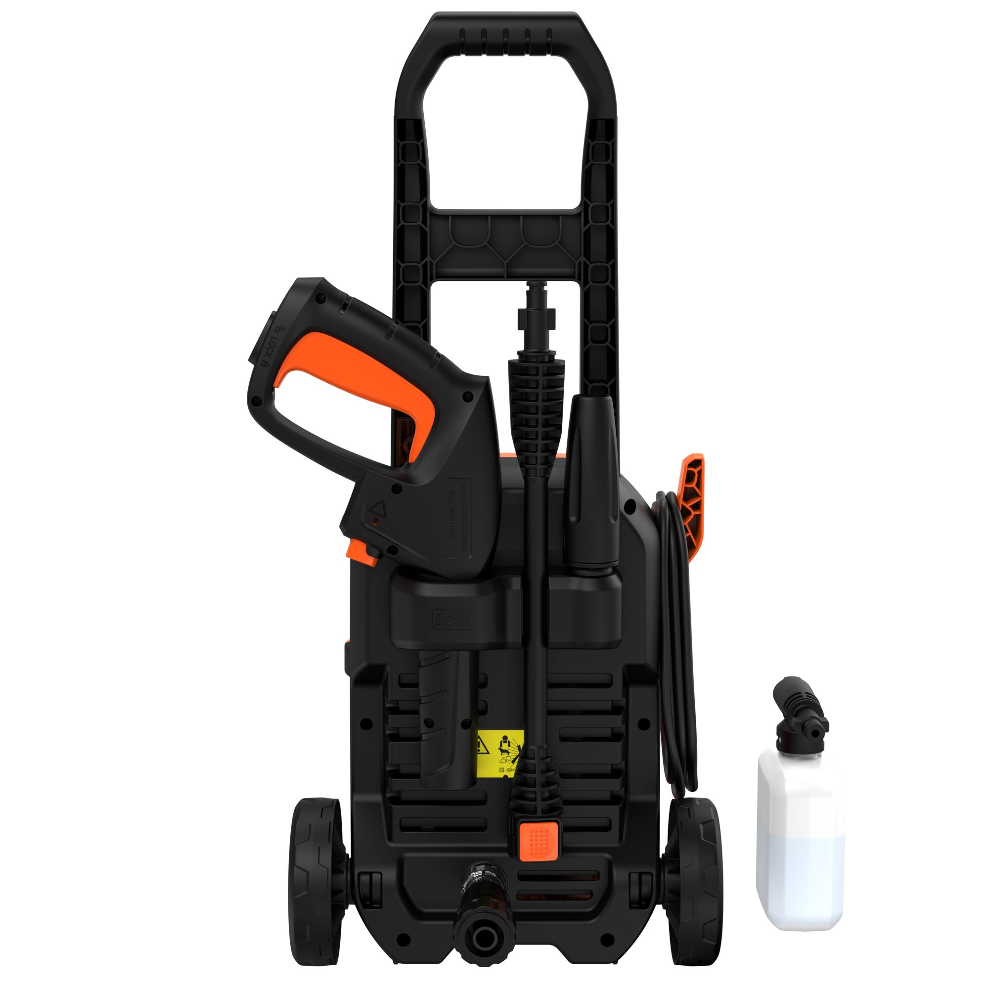 BLACKDECKER BEPW1750 pressure washer front angle with handle, hose, trigger gun and detergent bottle.
