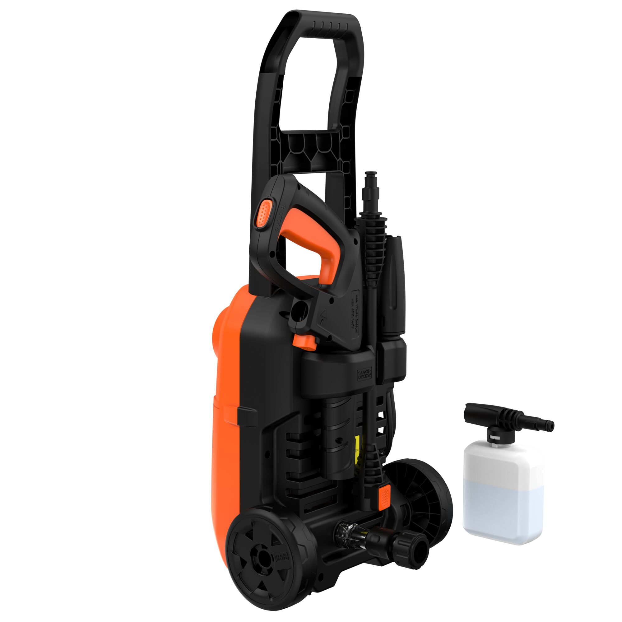 BLACKDECKER BEPW1750 pressure washer, upright angle, black-orange body with detergent bottle accessory.