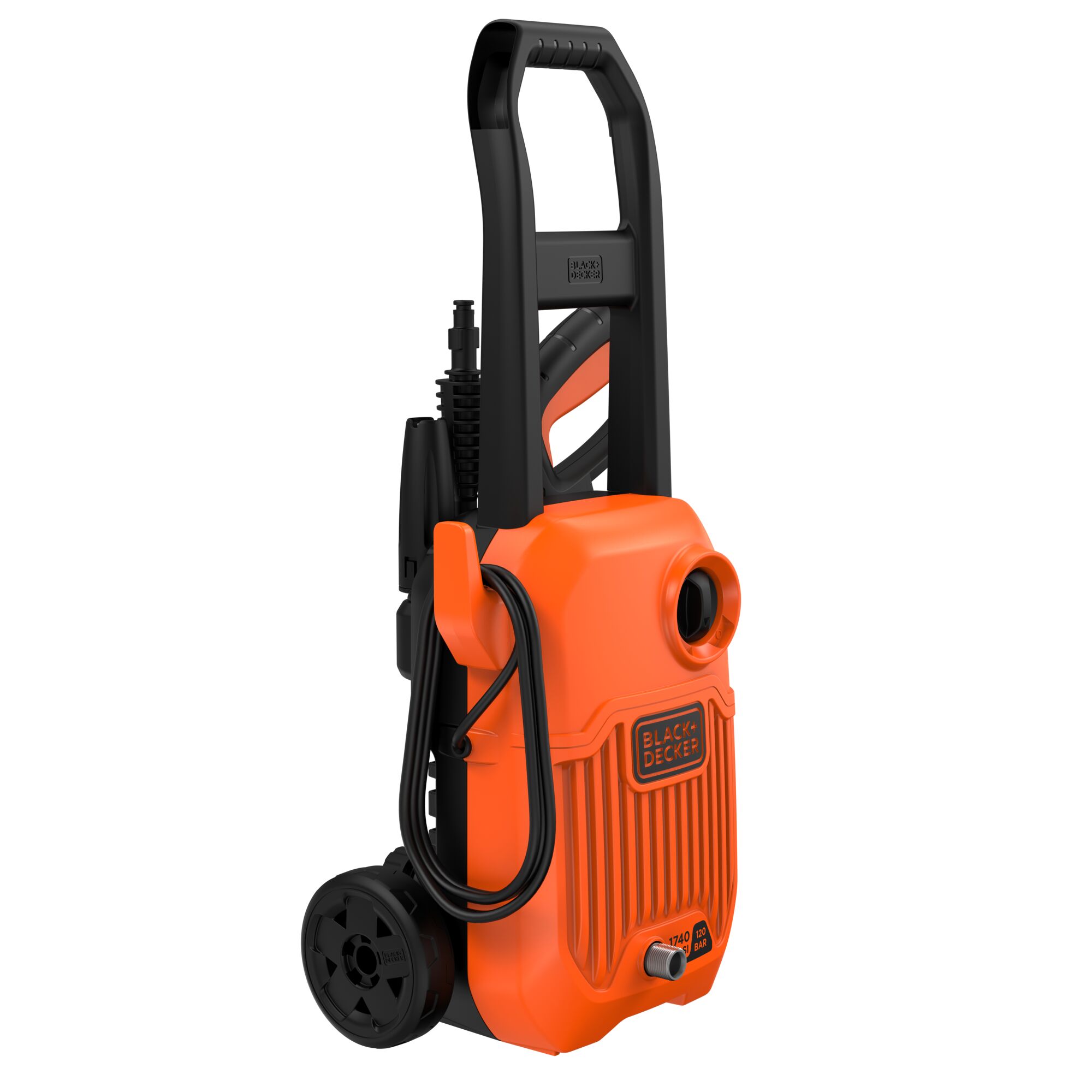 BLACKDECKER BEPW1750 pressure washer in orange and black, front angle, with handle and wheels