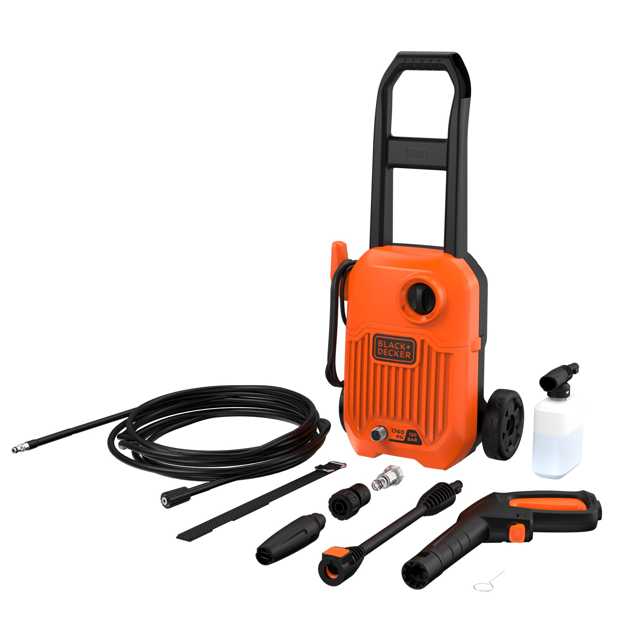 BLACKDECKER BEPW1750 orange pressure washer with accessories, front angle, on white background.