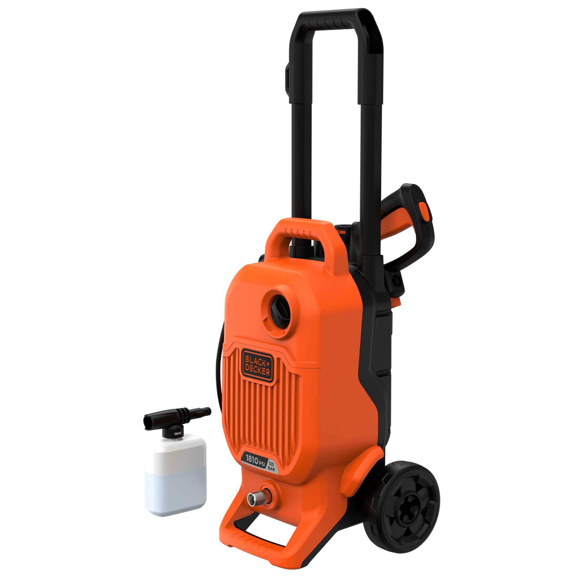 BLACKDECKER BEPW1800T pressure washer, orange and black, front angle, with soap dispenser accessory