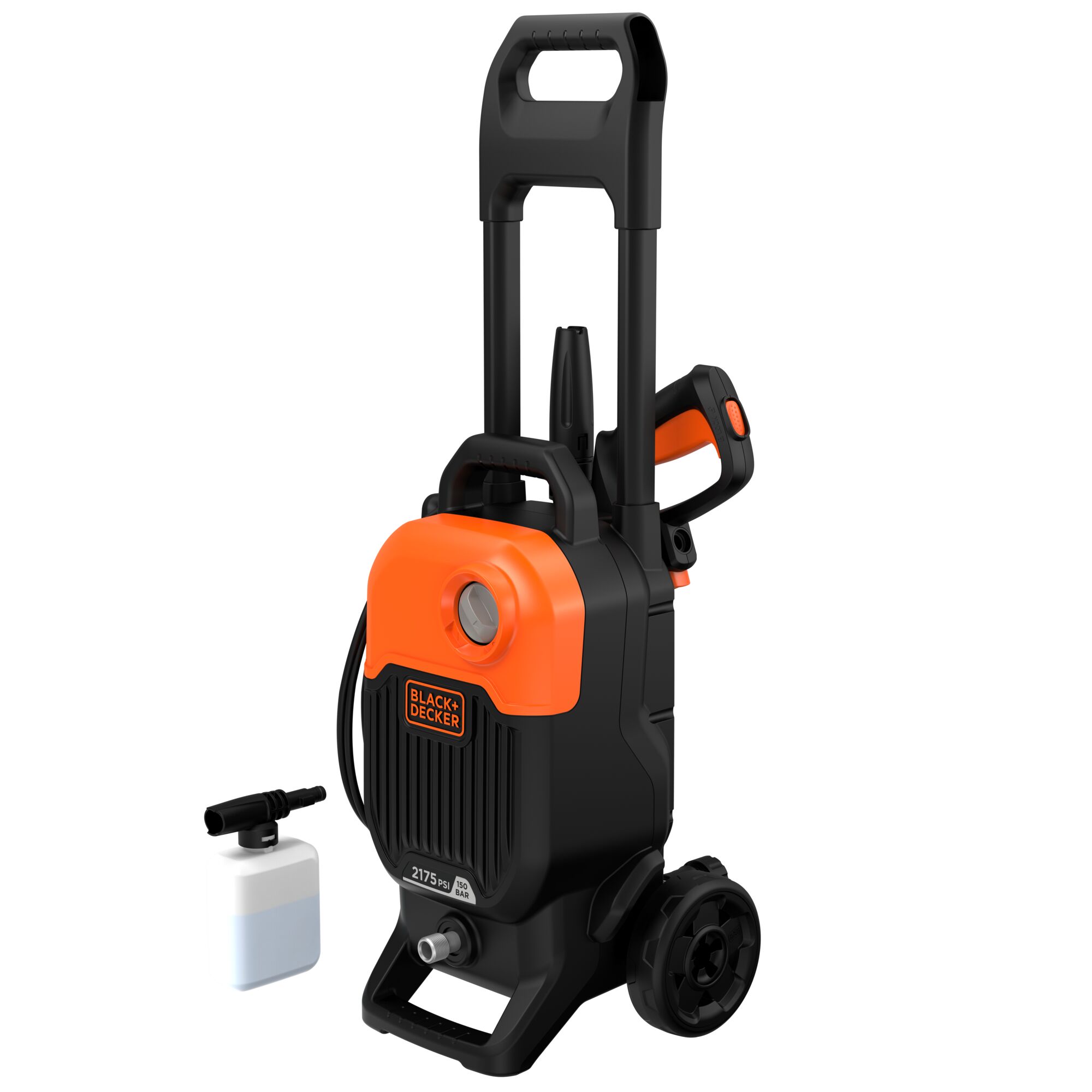 BLACKDECKER BEPW2200 pressure washer with orange and black body, handle, wheels, and detergent bottle, front angle.
