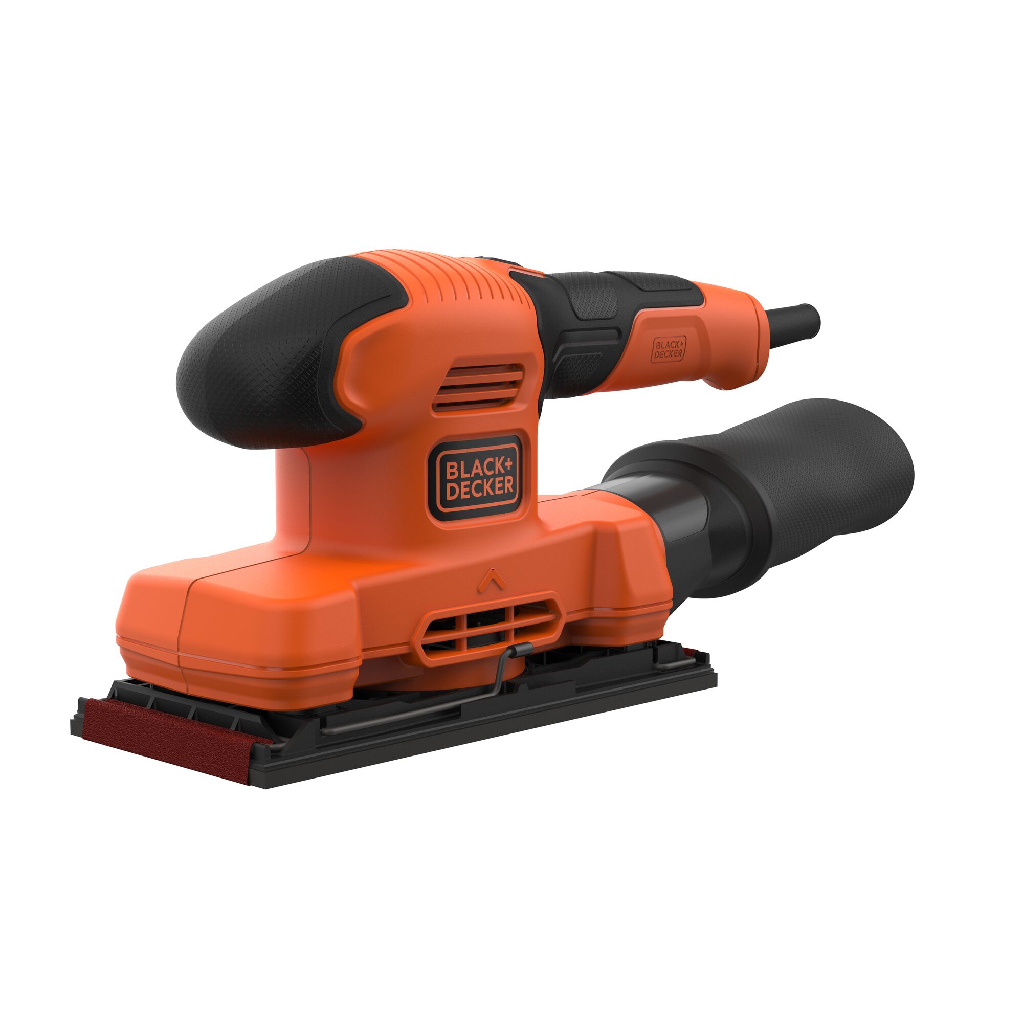 A BLACK+DECKER electric sander in orange and black colors, with a rectangular sanding base and a dust collection attachment.