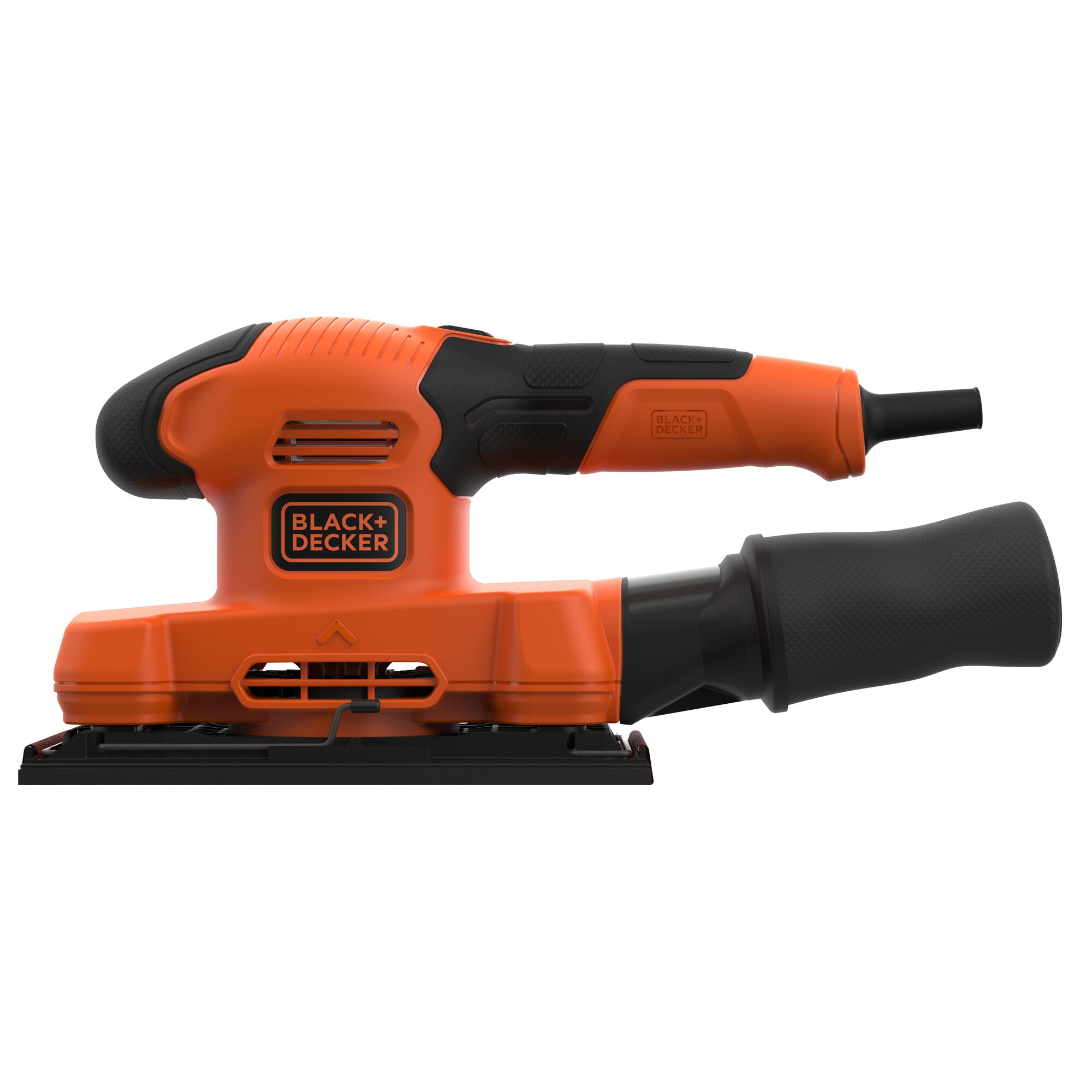 A Black+Decker orange and black electric sander, shown from the side with a rectangular sanding surface and dust collection attachment.