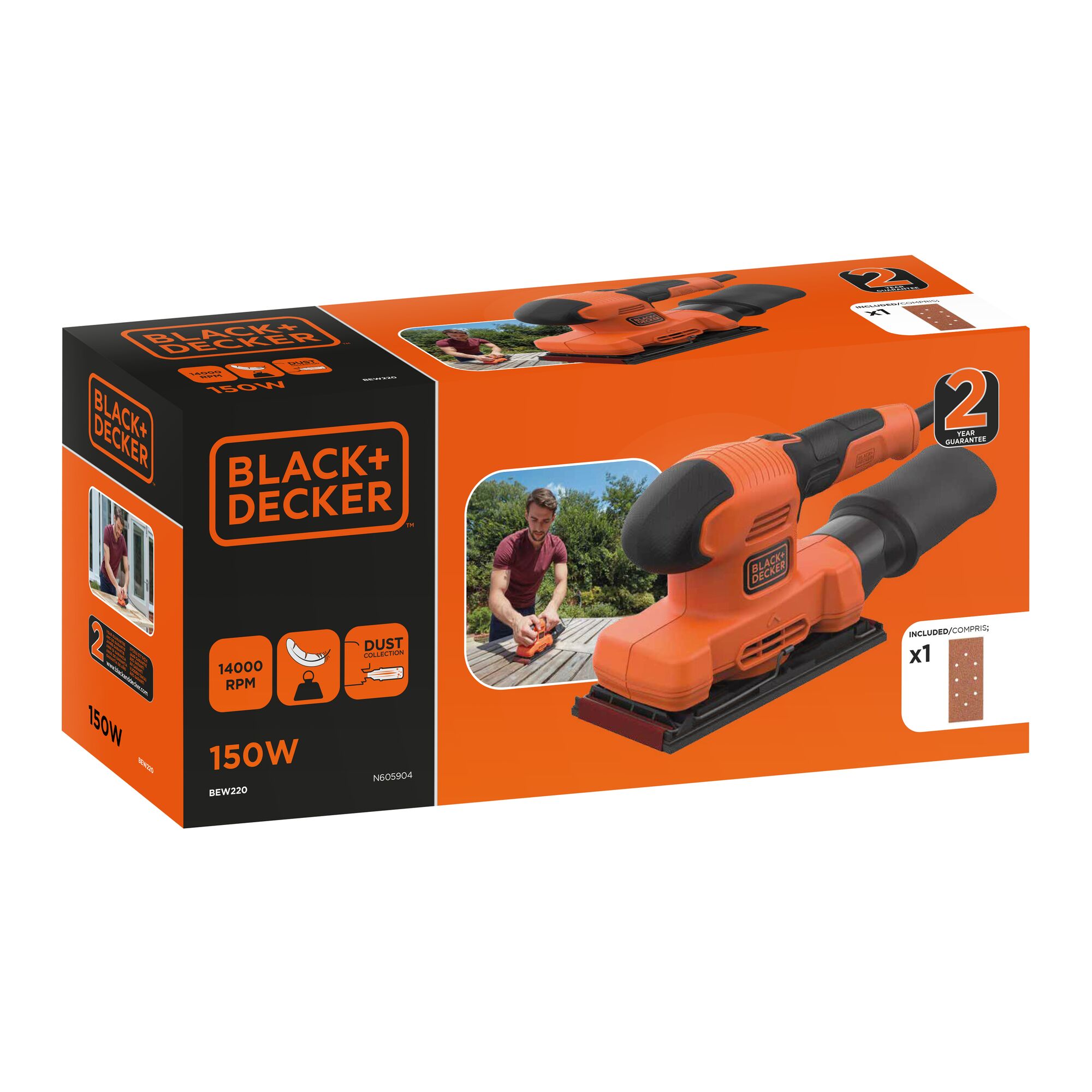 Packaging of a BLACK+DECKER BEW220 electric sander, showing the orange and black tool, key features like 150W power and dust collection, and an image of a person using the sander outdoors.