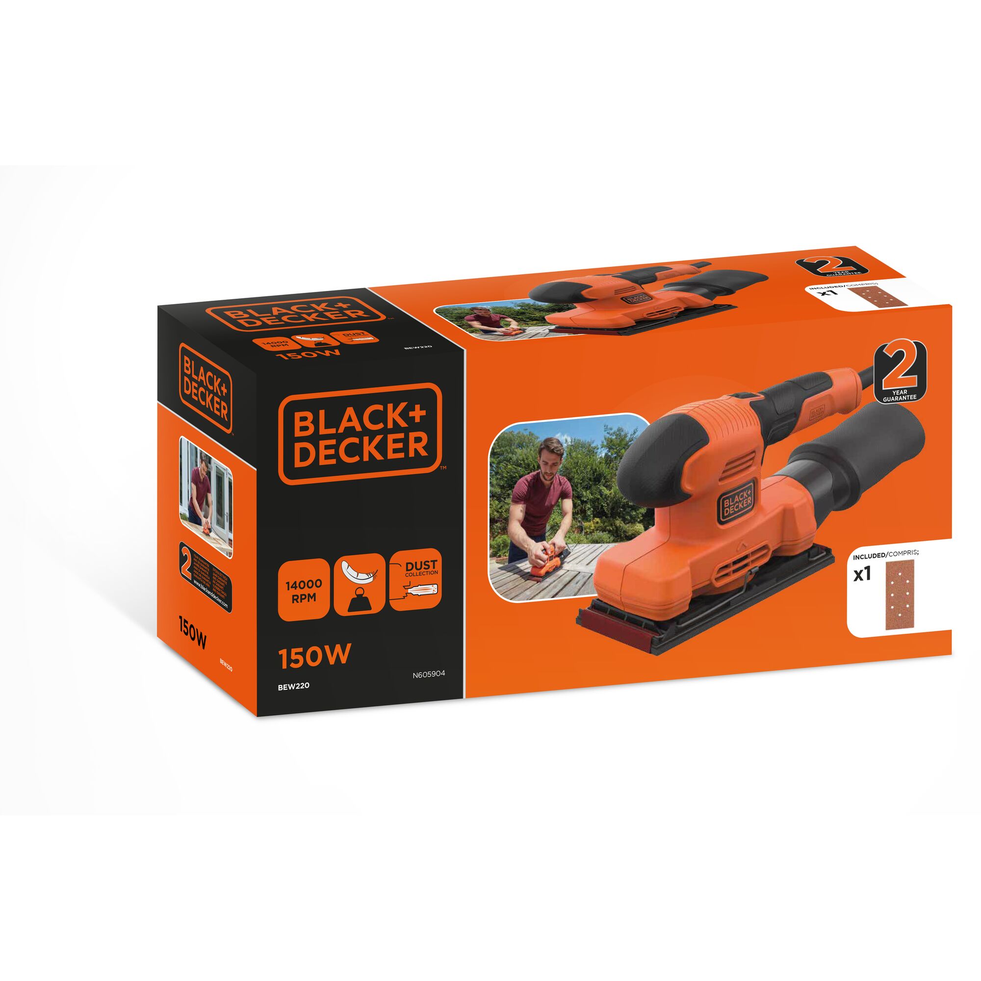 Packaging of a BLACK+DECKER BEW220 electric sander in orange and black, showing the sander, branded logos, product features, power rating of 150W, dust collection capability, and an image of a person using the sander outdoors.