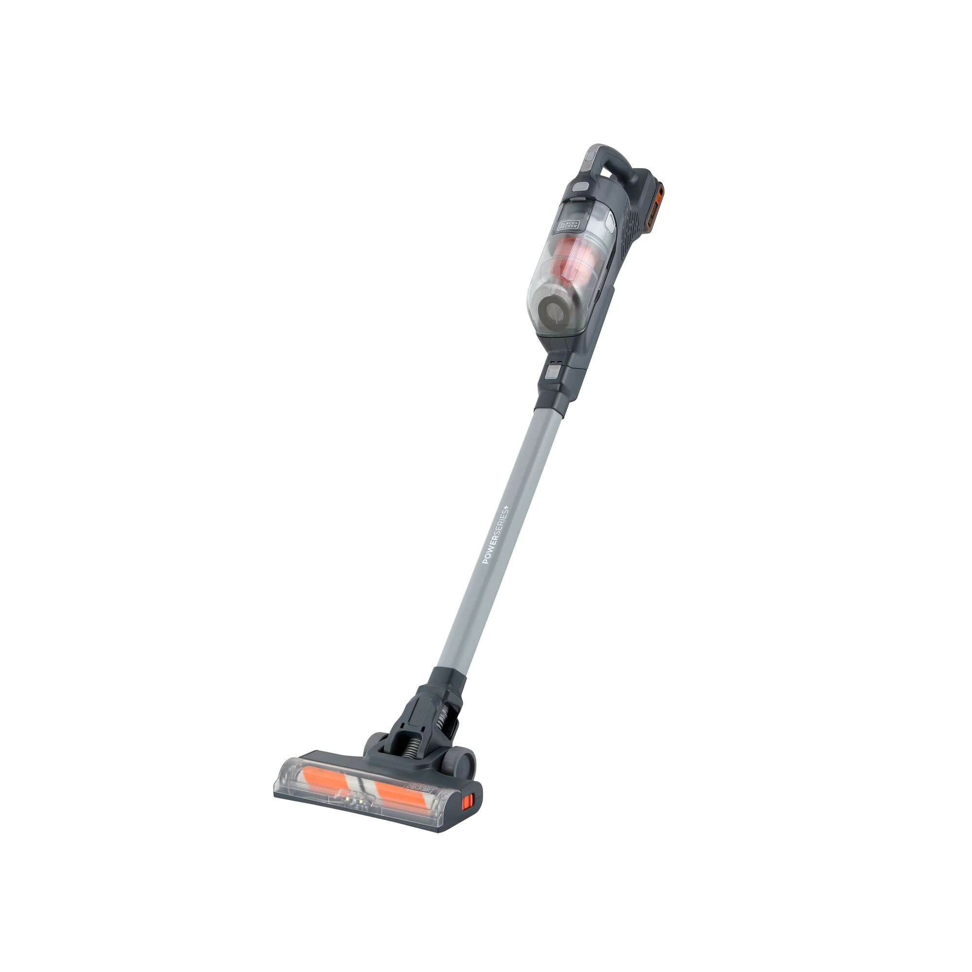 BLACKDECKER BHFEA18D1 cordless stick vacuum cleaner, grey and orange, side angle on white background.